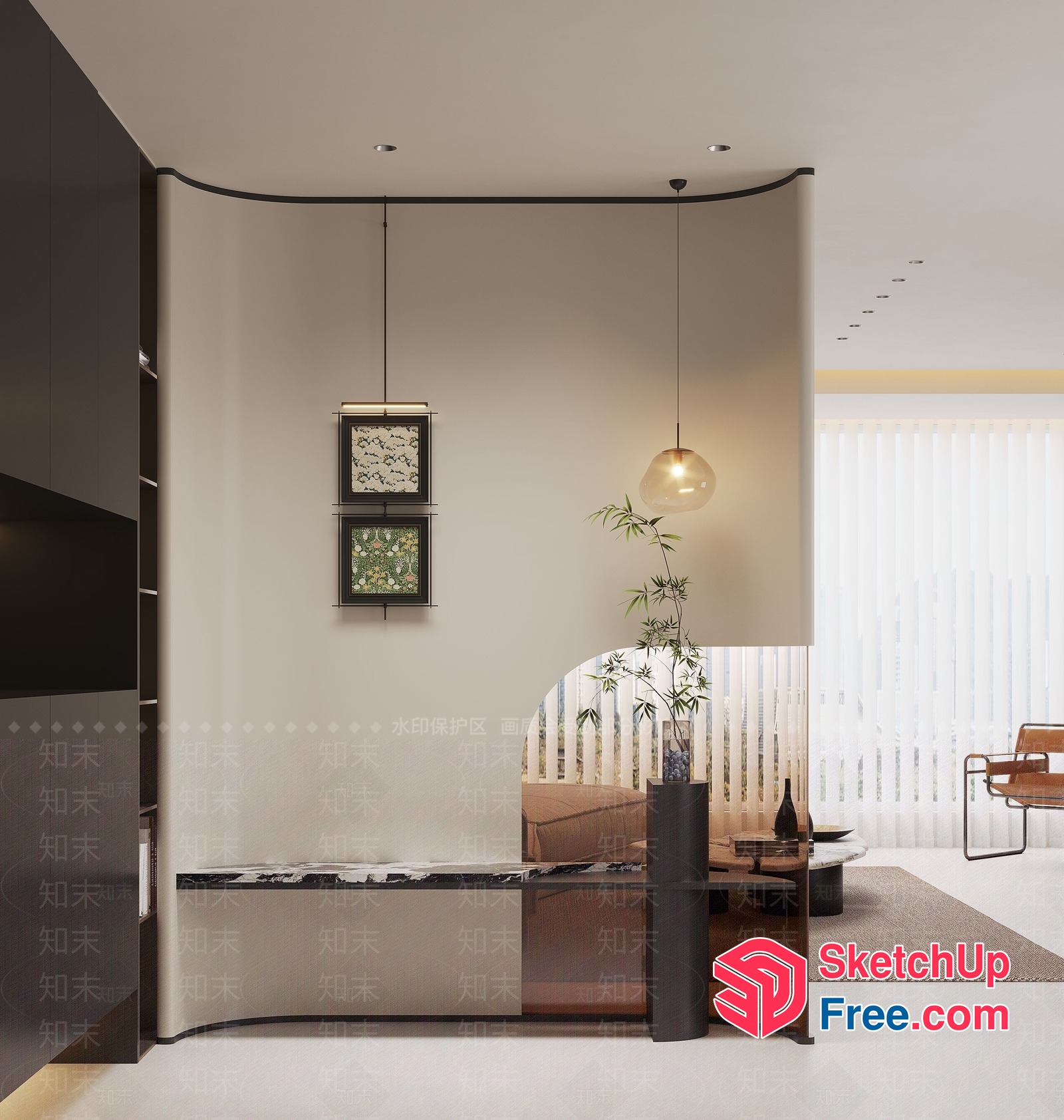 Minimalist Japanese-Style Living Room With Elegant Lighting 3D SketchUp File