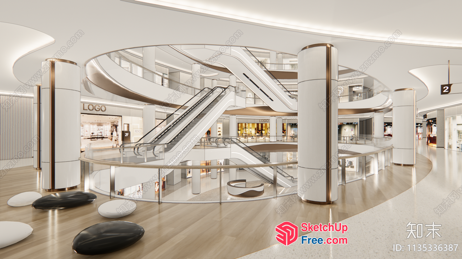 Elegant Modern Shopping Mall Interior With Sleek White Pillars And Glass Railings 3D SketchUp File