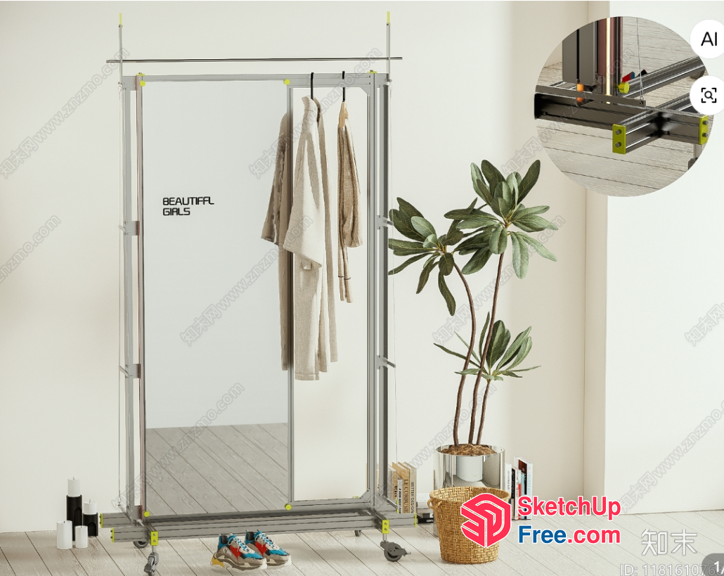 Modern Silver Metal Clothing Rack With Wheels 3D SketchUp File