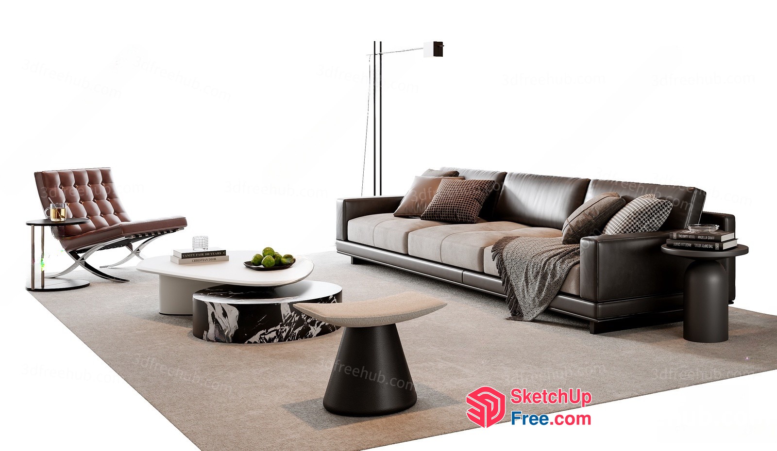 Modern Living Room Furniture With Brown Leather Sofa And Coffee Table 3D SketchUp File