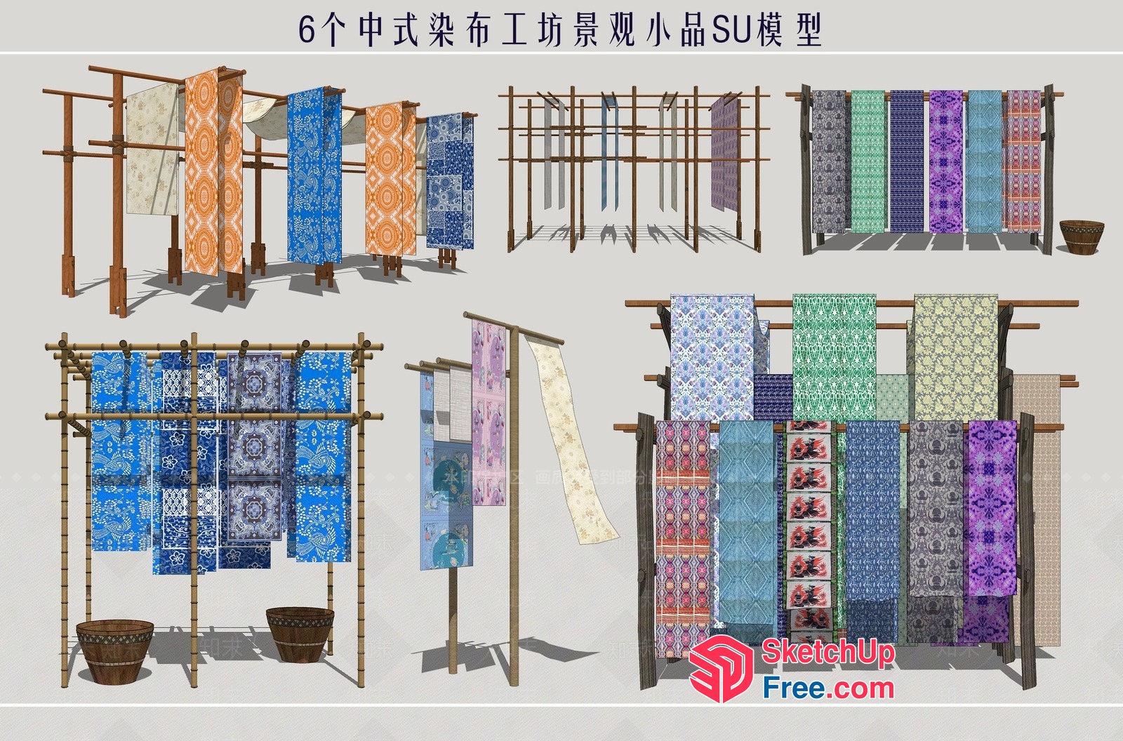 Traditional Japanese Textiles Displayed On Wooden Racks 3D SketchUp File