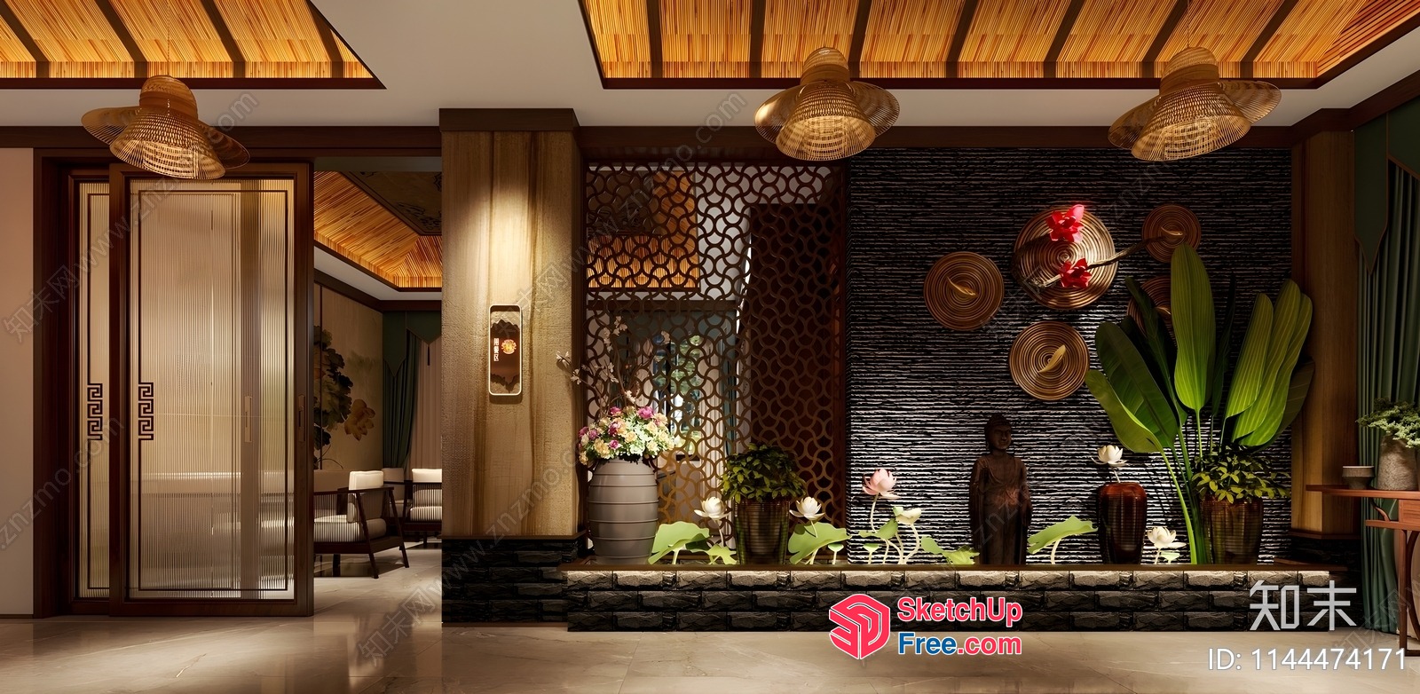 Asian-Inspired Interior With Natural Materials And Decorative Elements 3D SketchUp File