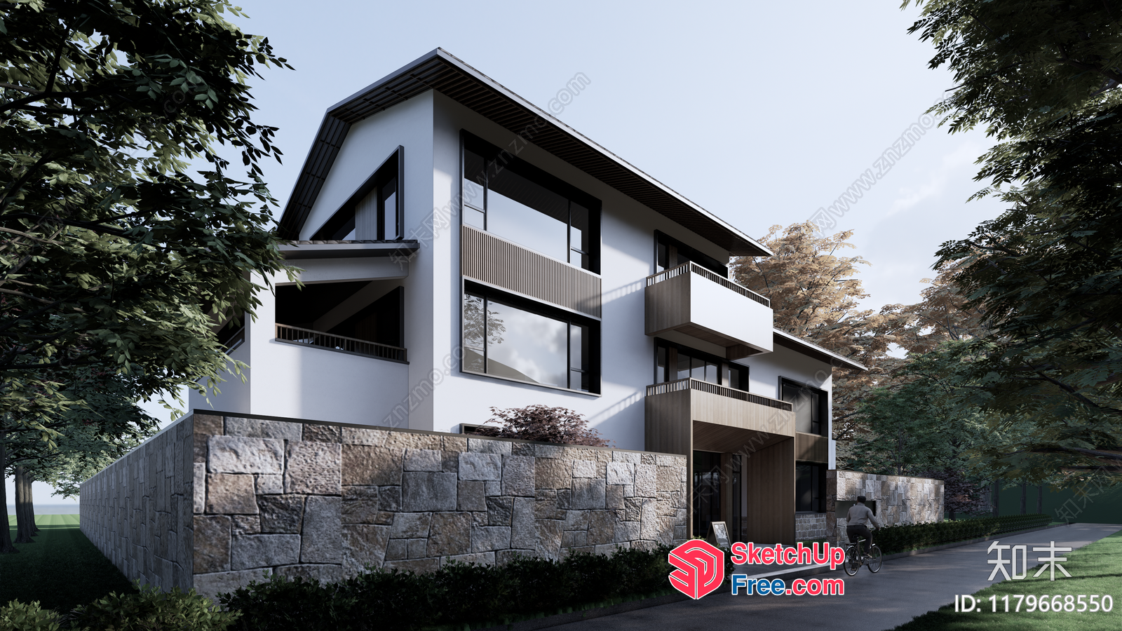Exterior Of A Modern Two-Story Building With A Stone Wall 3D SketchUp File