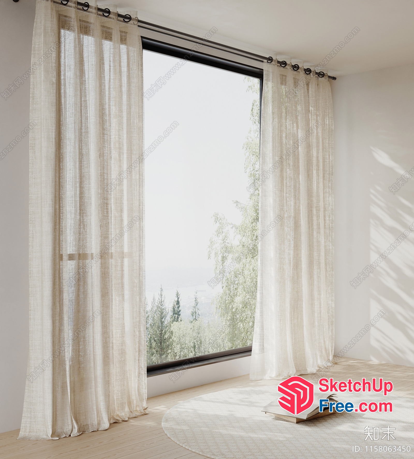 Sunlit Room With Floor-To-Ceiling Window And Sheer Curtains 3D SketchUp File