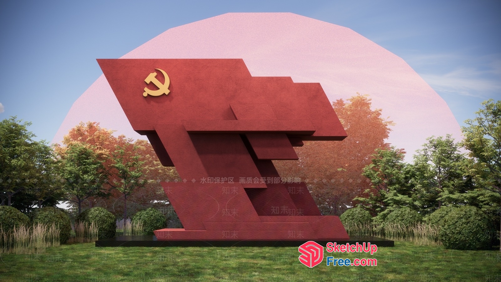 Red Sculpture With Yellow Hammer And Sickle Symbol 3D SketchUp File