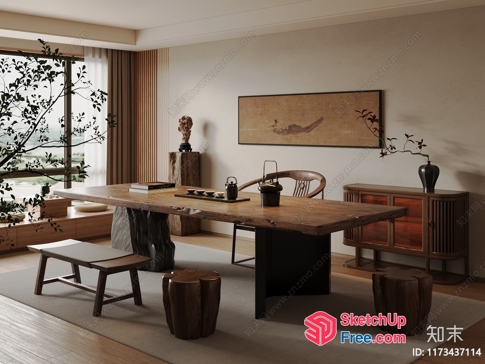 Elegant Japanese-Inspired Living Room With Natural Wood Accents 3D SketchUp File