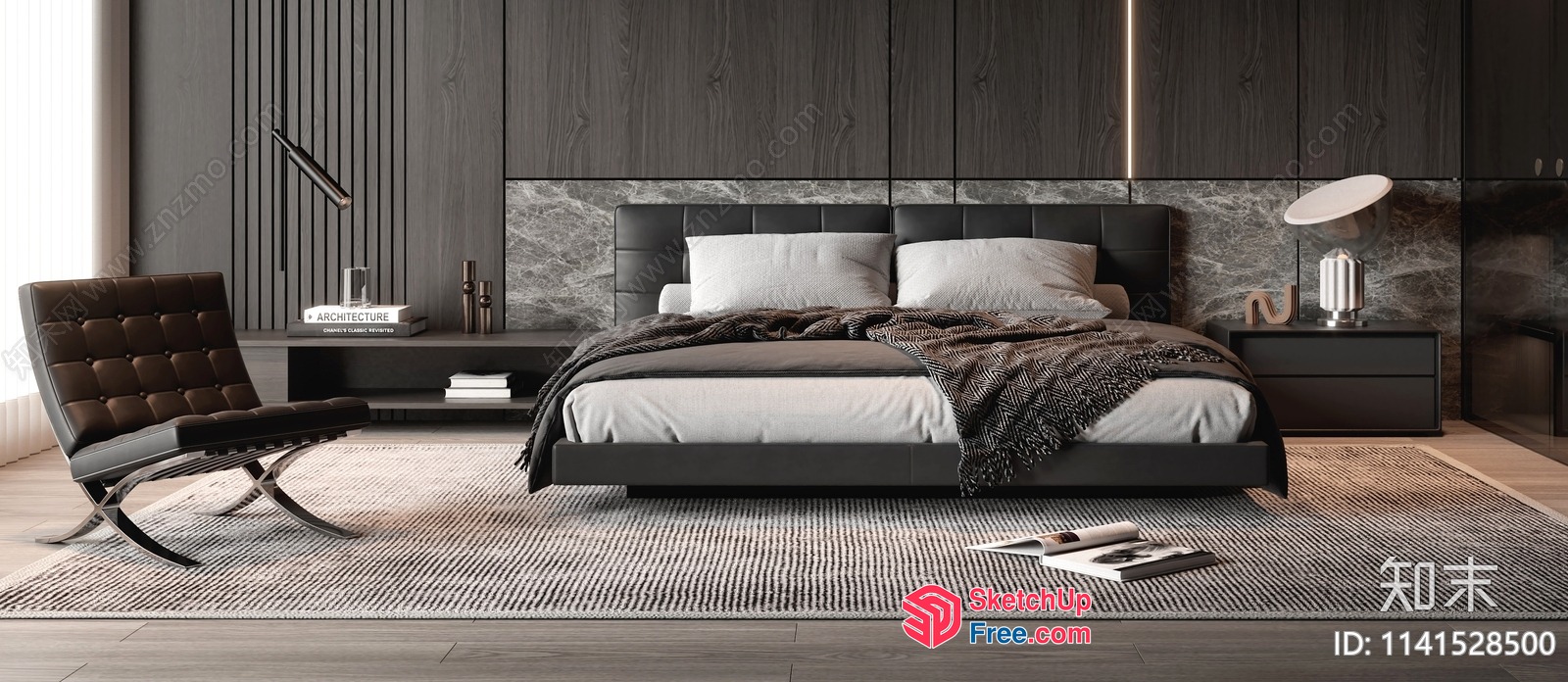 Modern Minimalist Bedroom With Dark Wood Accents 3D SketchUp File
