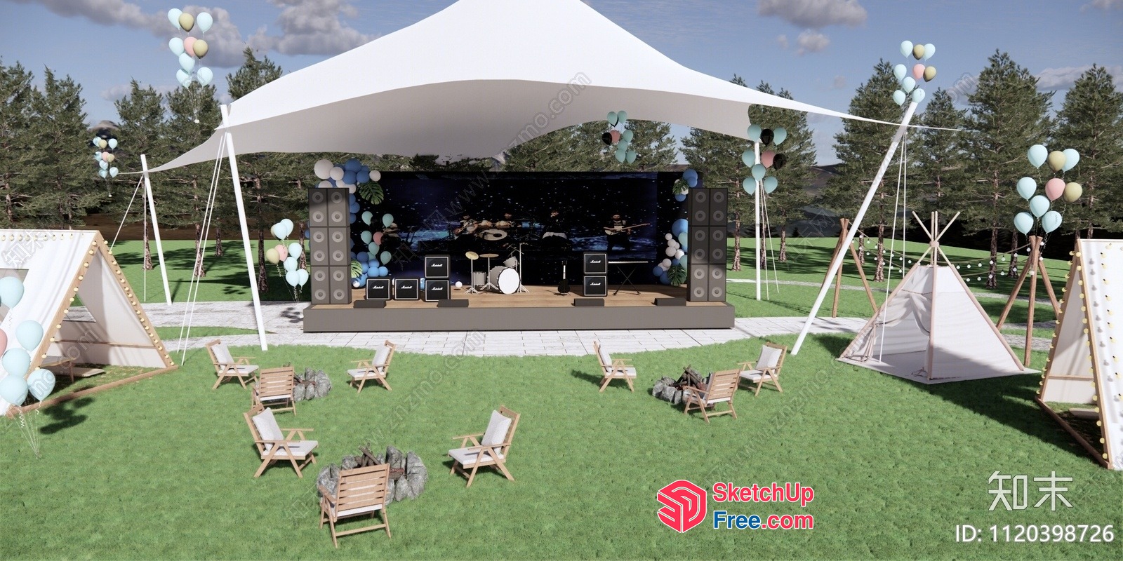 Outdoor Stage And Seating Area With Balloons And Tents 3D SketchUp File