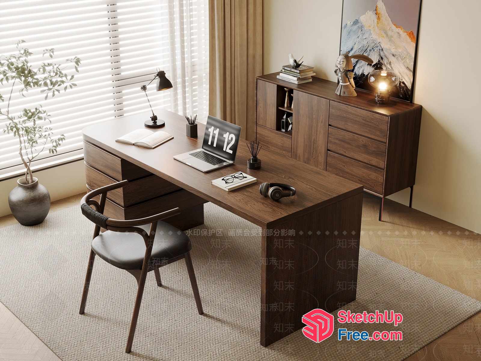 Modern Minimalist Office Desk With Laptop And Chair 3D SketchUp File