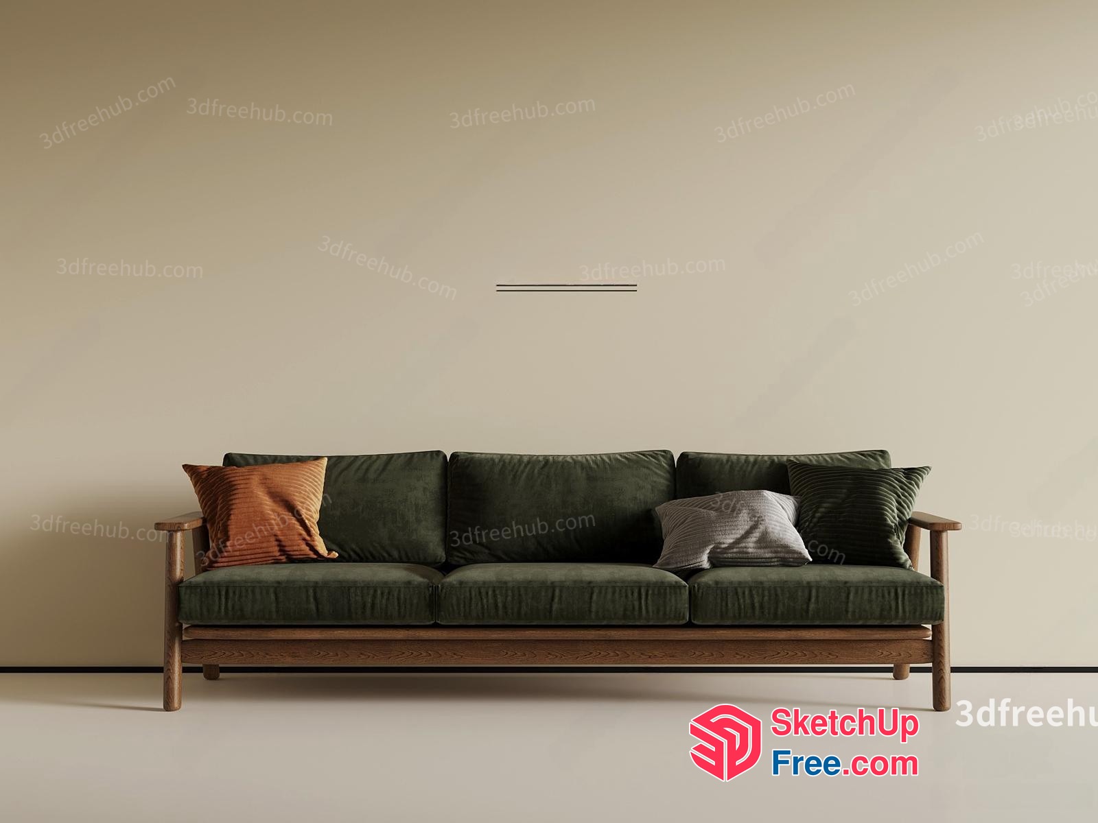Minimalist Green Sofa With Pillows In Beige Room 3D SketchUp File