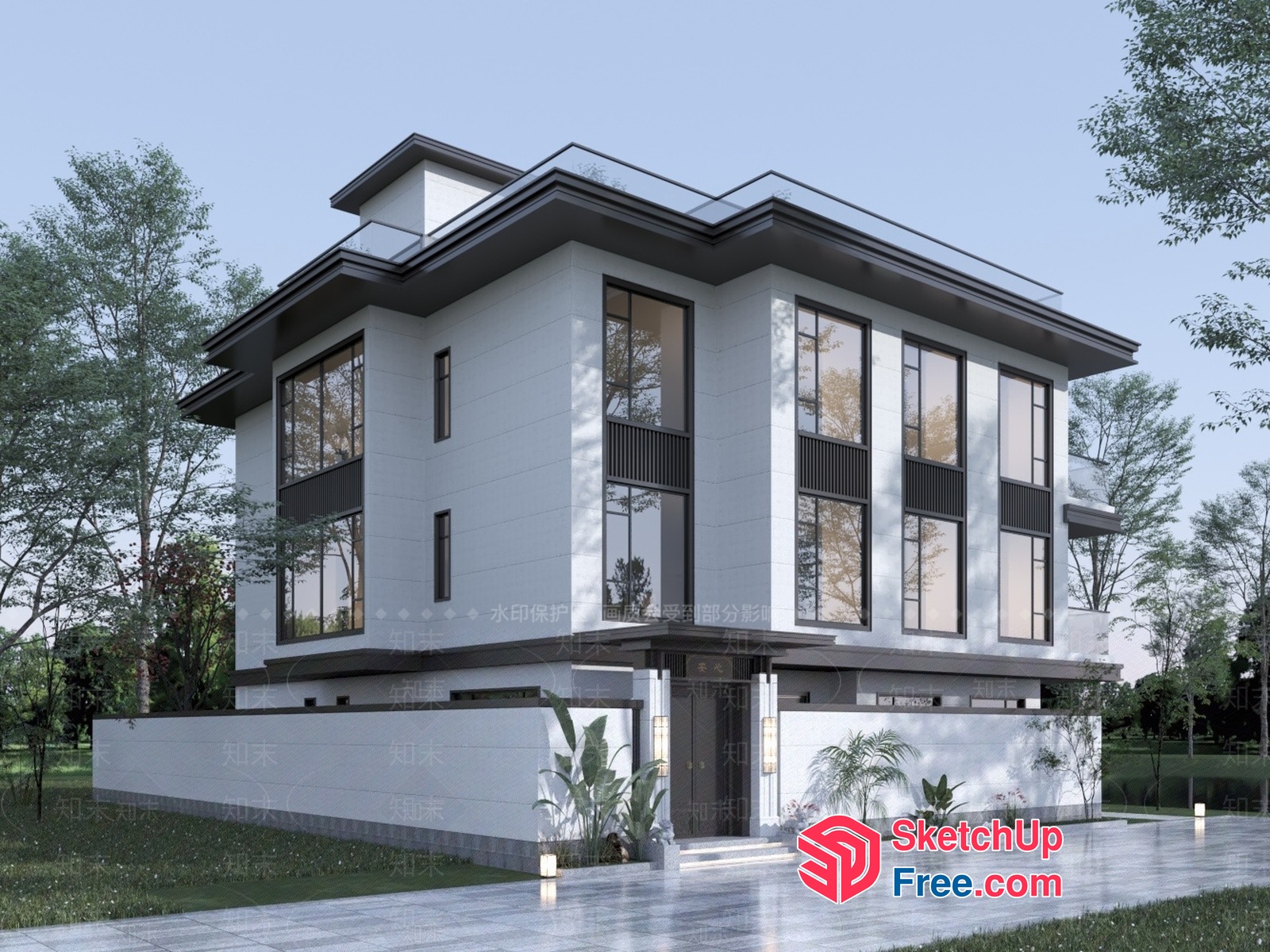 Modern Villa Exterior With Glass Curtain Wall And Railing 3D SketchUp File