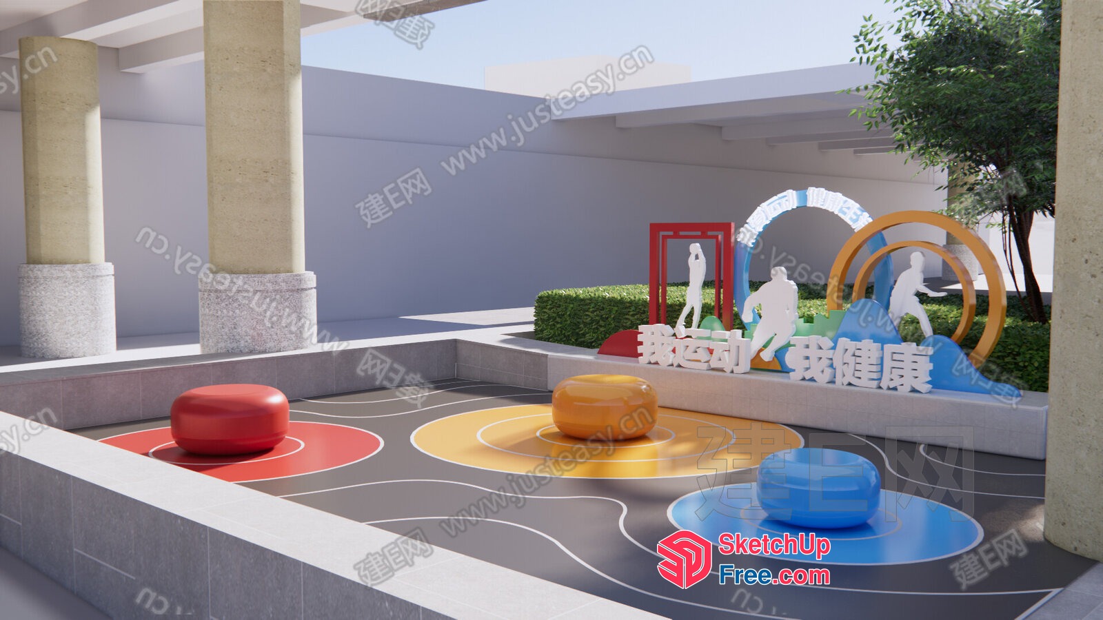 Colorful Outdoor Seating Area With Pillars 3D SketchUp File