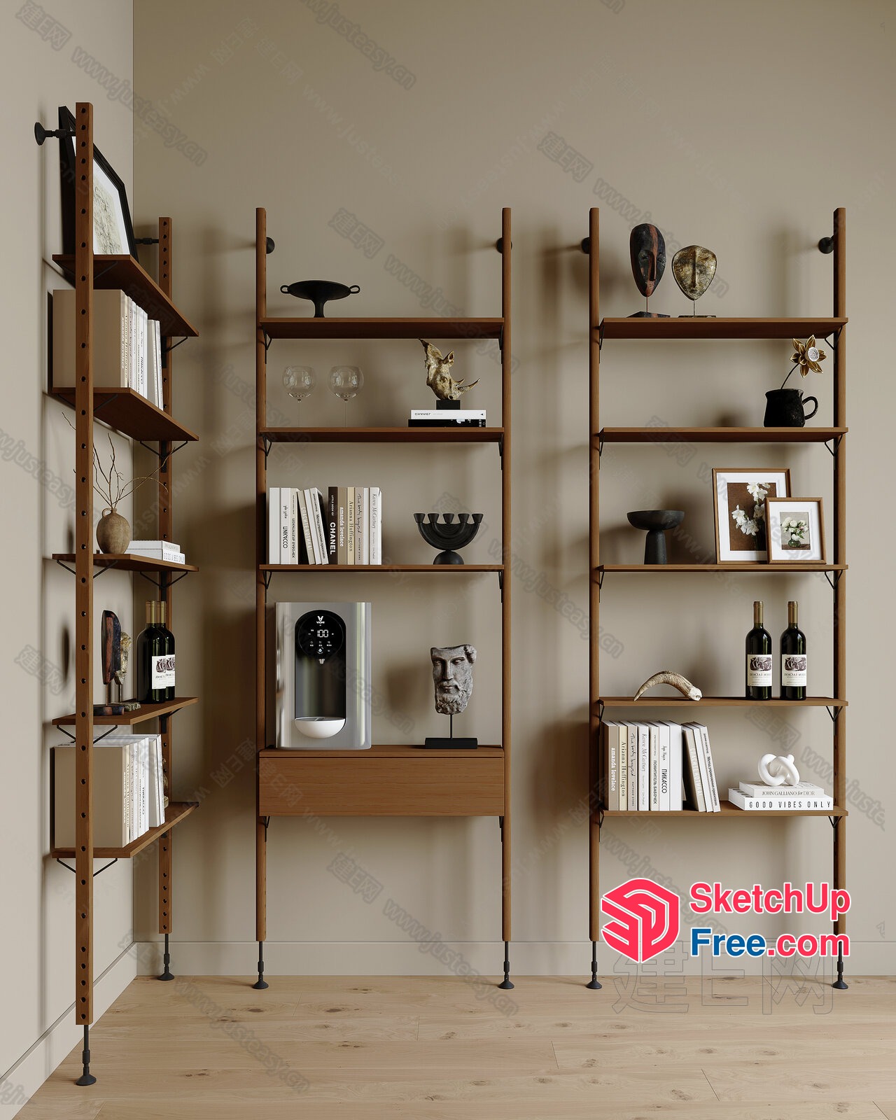Modern Minimalist Wooden Shelving Unit With Decorative Items 3D SketchUp File
