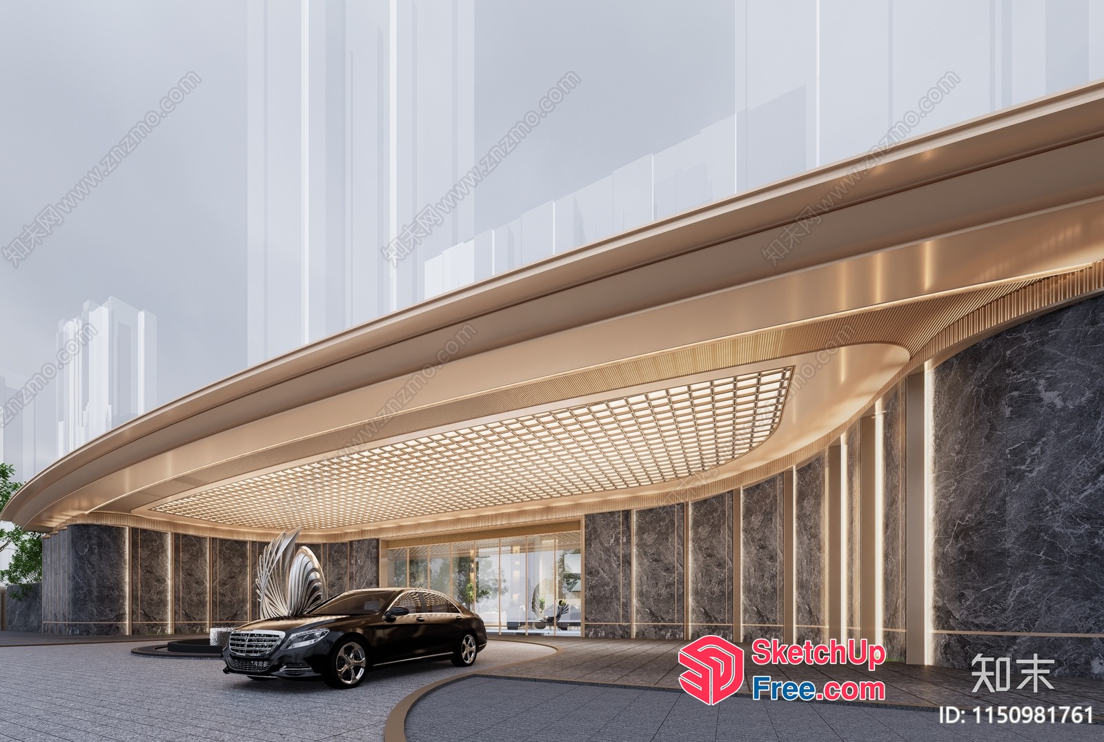 Luxurious Modern Entrance With Sleek Black Car 3D SketchUp File