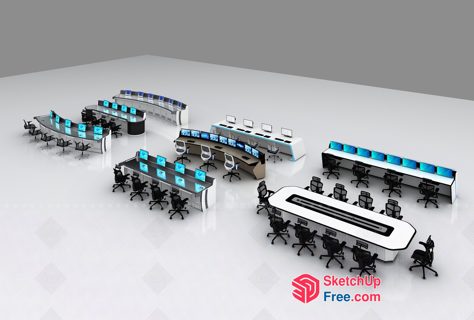 Modern Office Space With Curved Desks And Blue-Lit Computer Screens 3D SketchUp File