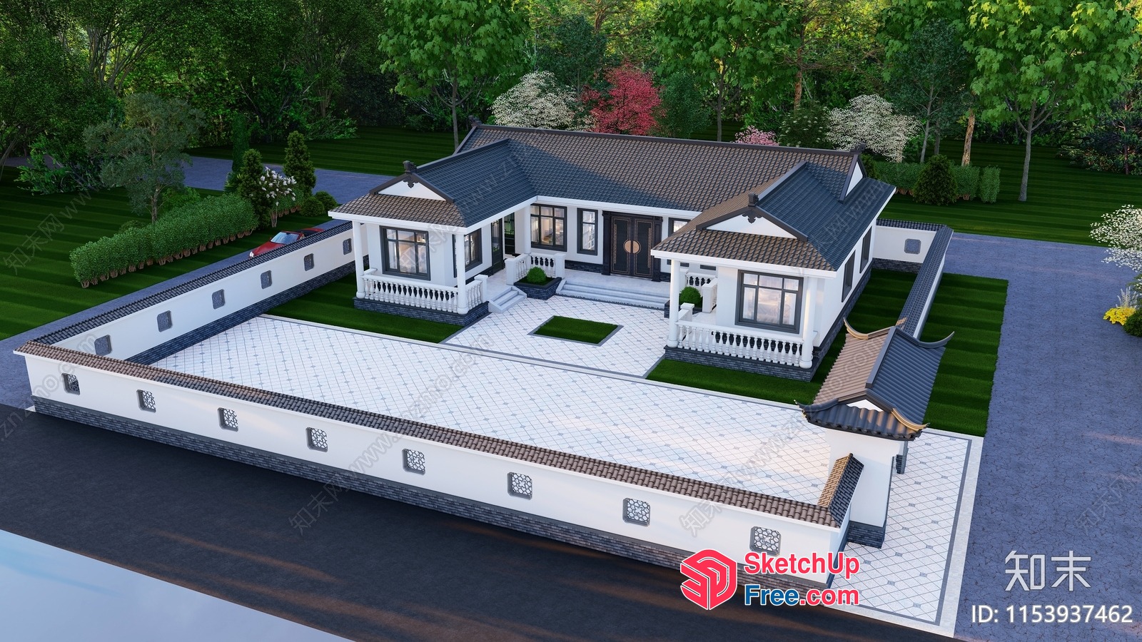 Asian-Inspired Villa With Traditional Roof And Modern Architecture 3D SketchUp File