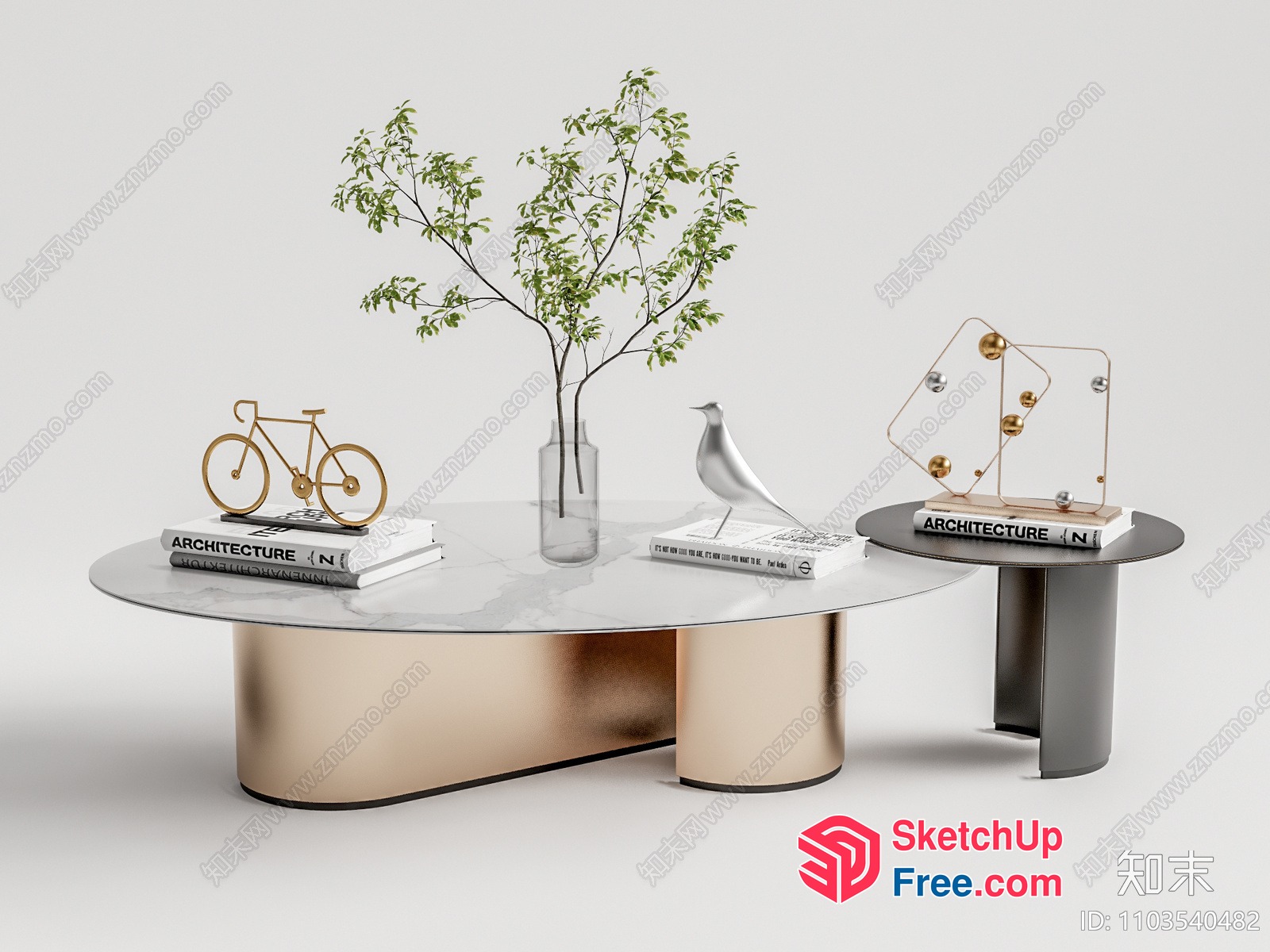Modern Coffee Table And Side Table Set With Marble Top And Gold Base 3D SketchUp File