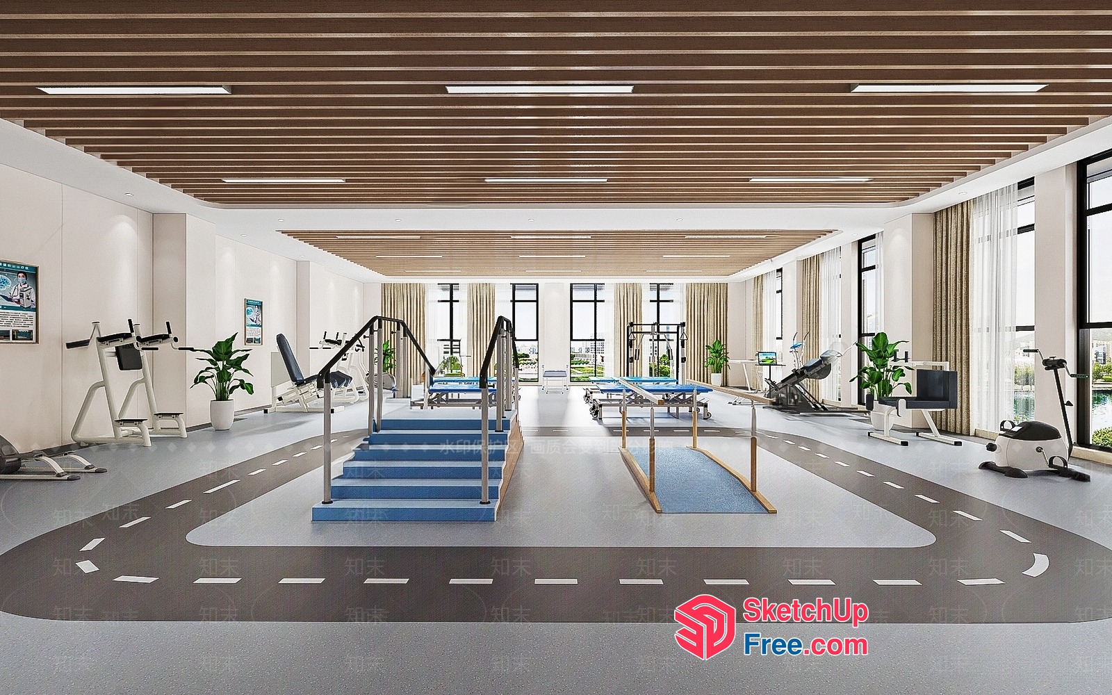 Modern Gym Interior With Exercise Equipment And Stairway 3D SketchUp File
