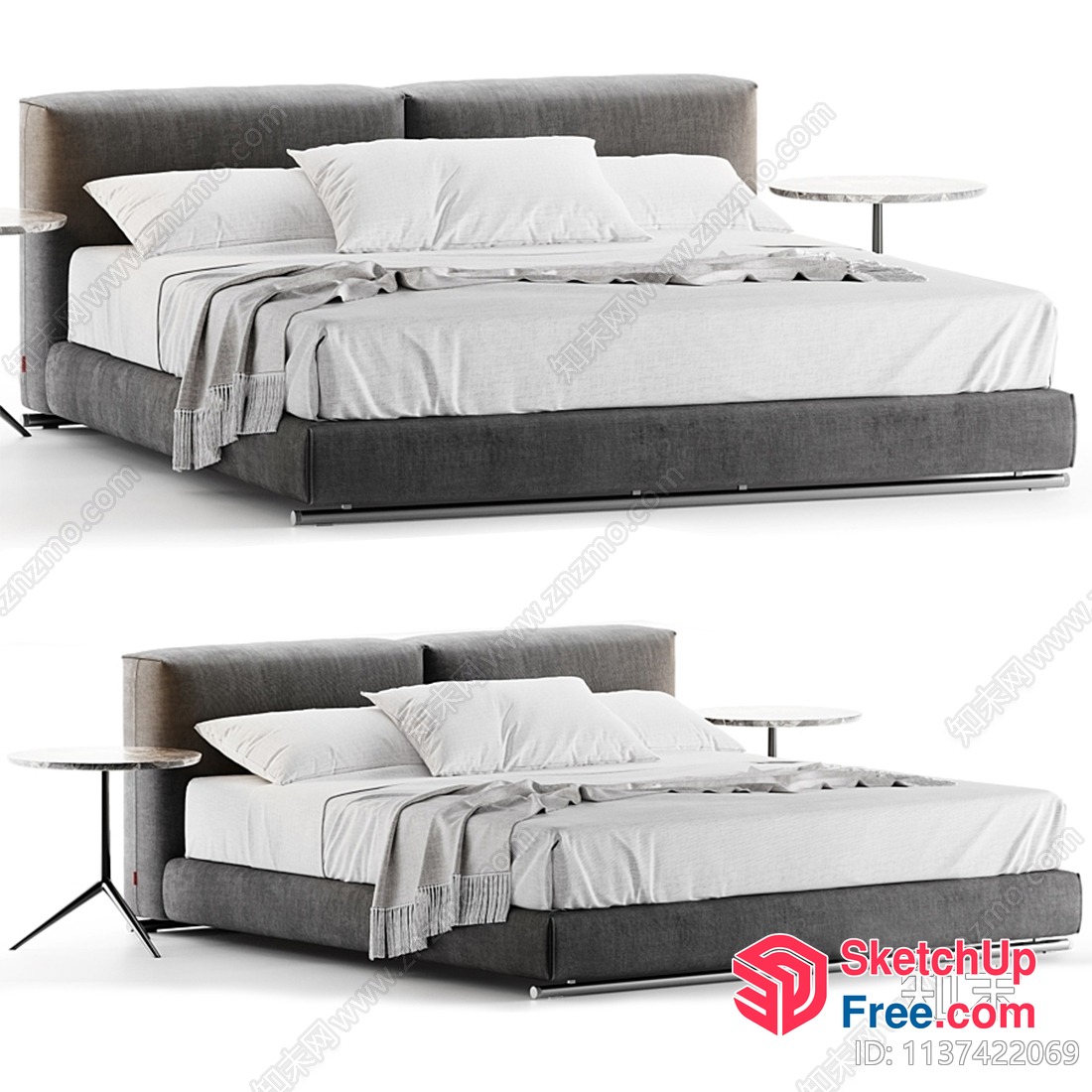 Modern Gray Bed With Side Tables And Pillows 3D SketchUp File
