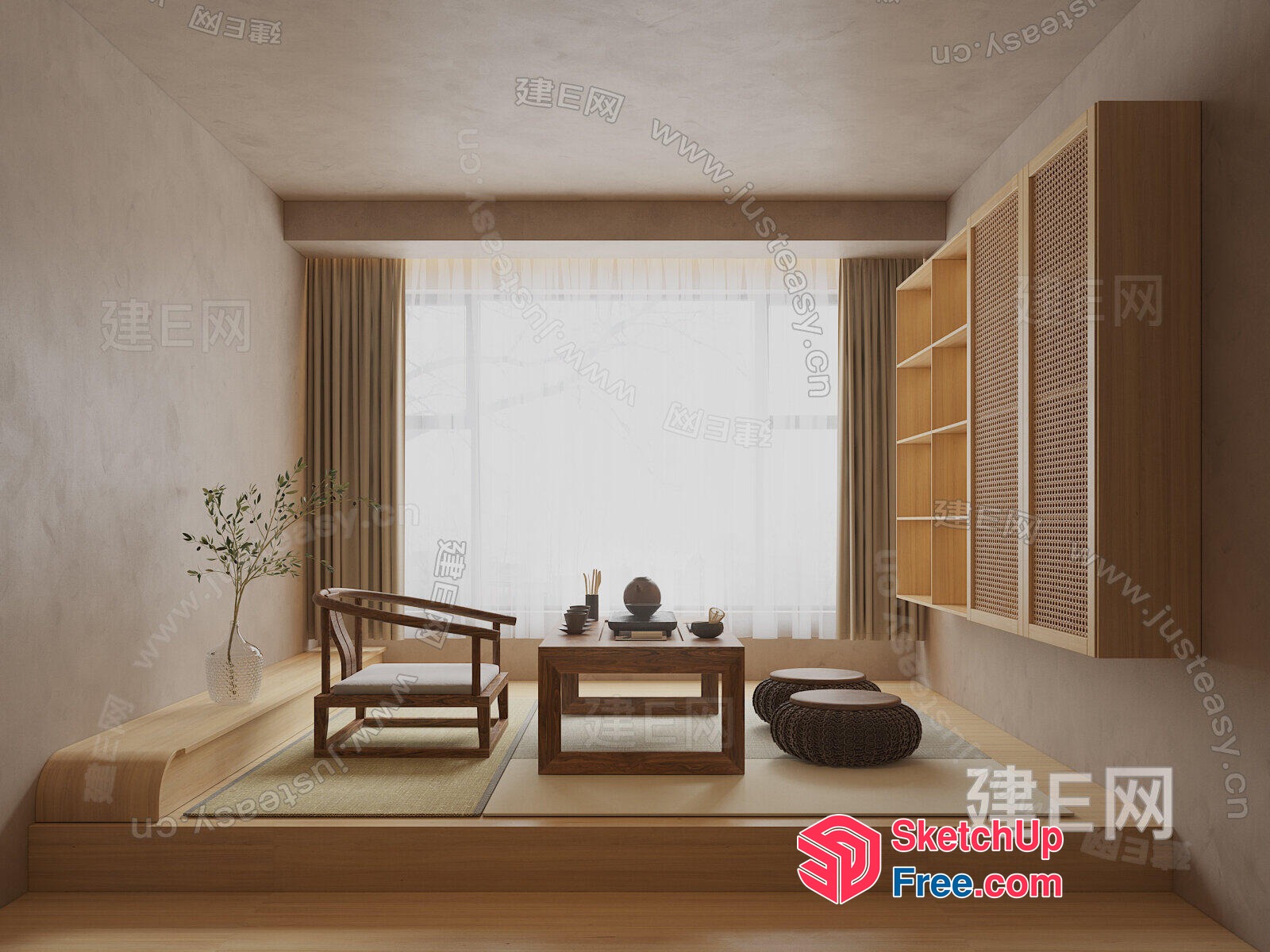 Elegant And Serene Japanese-Style Living Room 3D SketchUp File