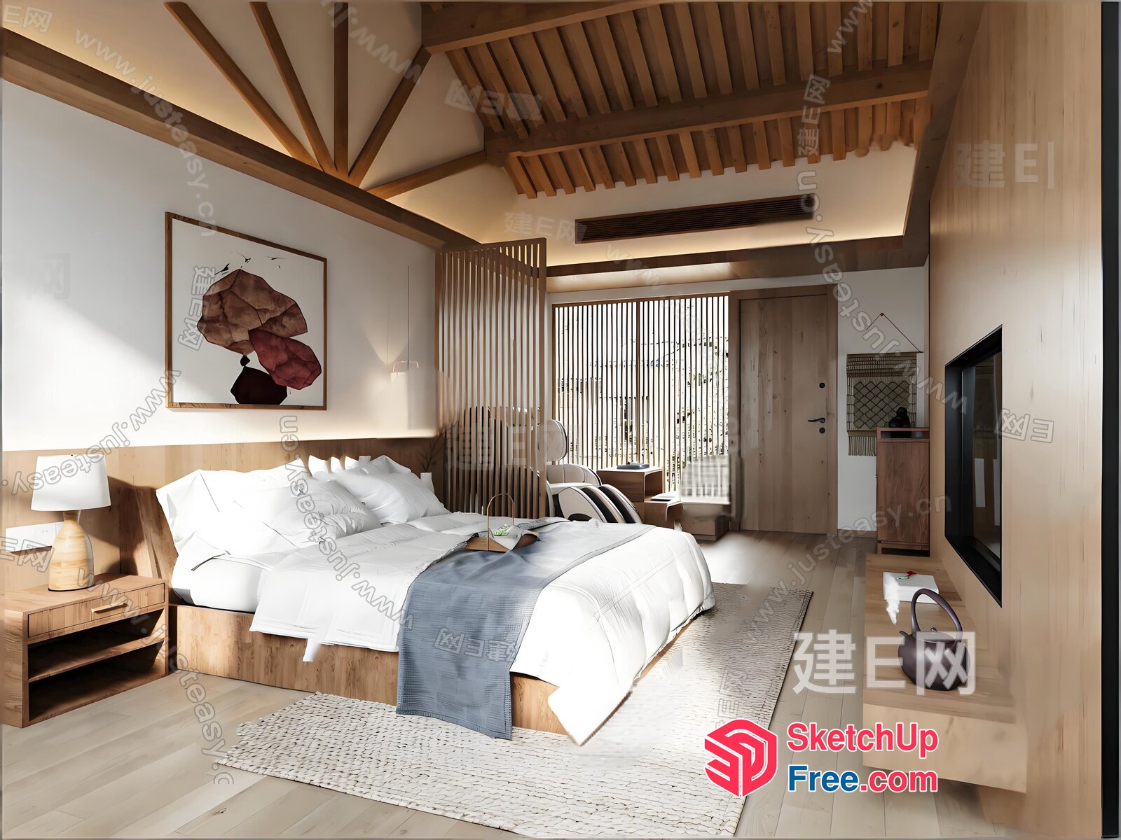 Modern Japanese-Inspired Bedroom With Natural Wood Accents 3D SketchUp File
