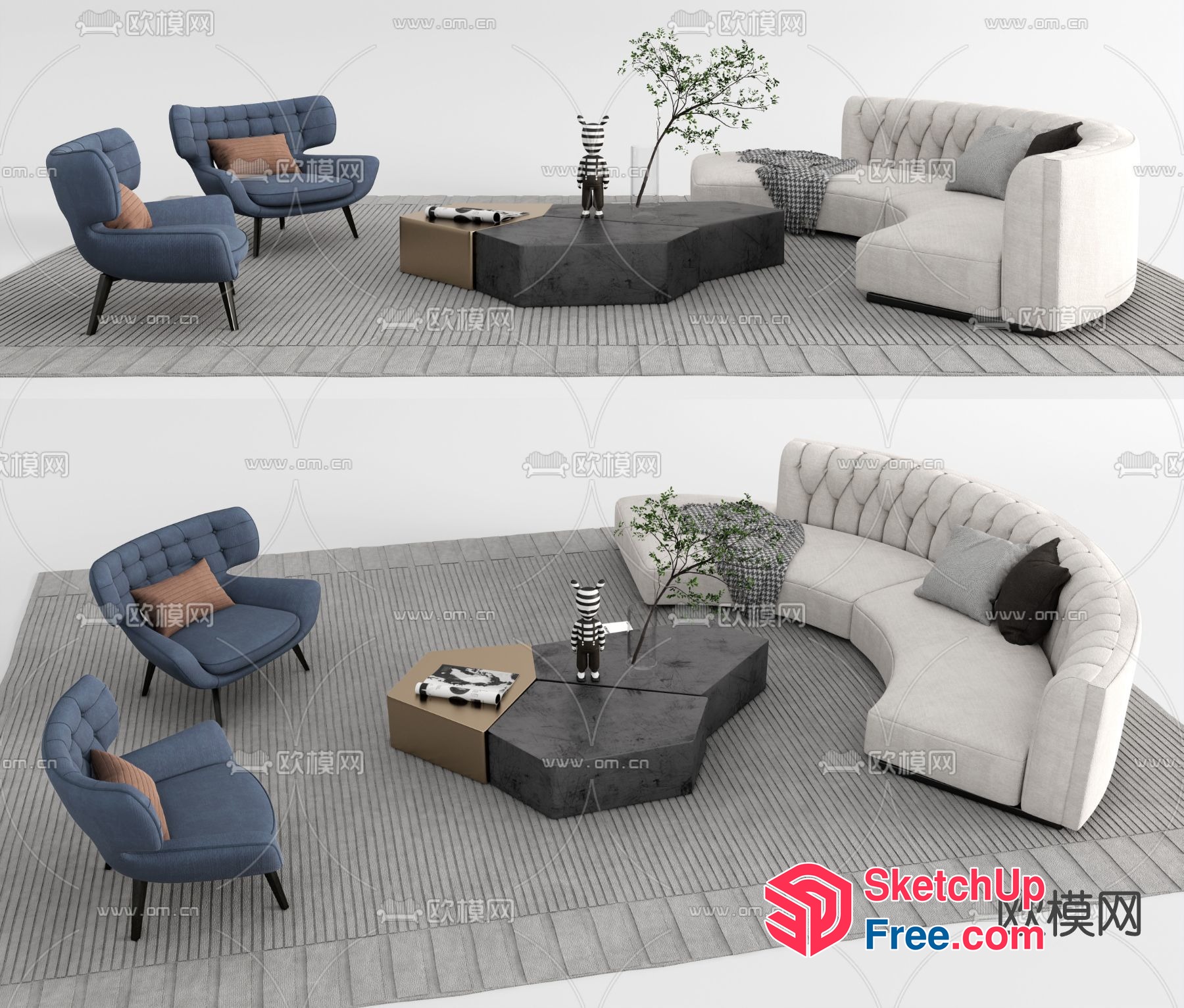 Modern Living Room Furniture Set With Curved Sofa And Chairs 3D SketchUp File