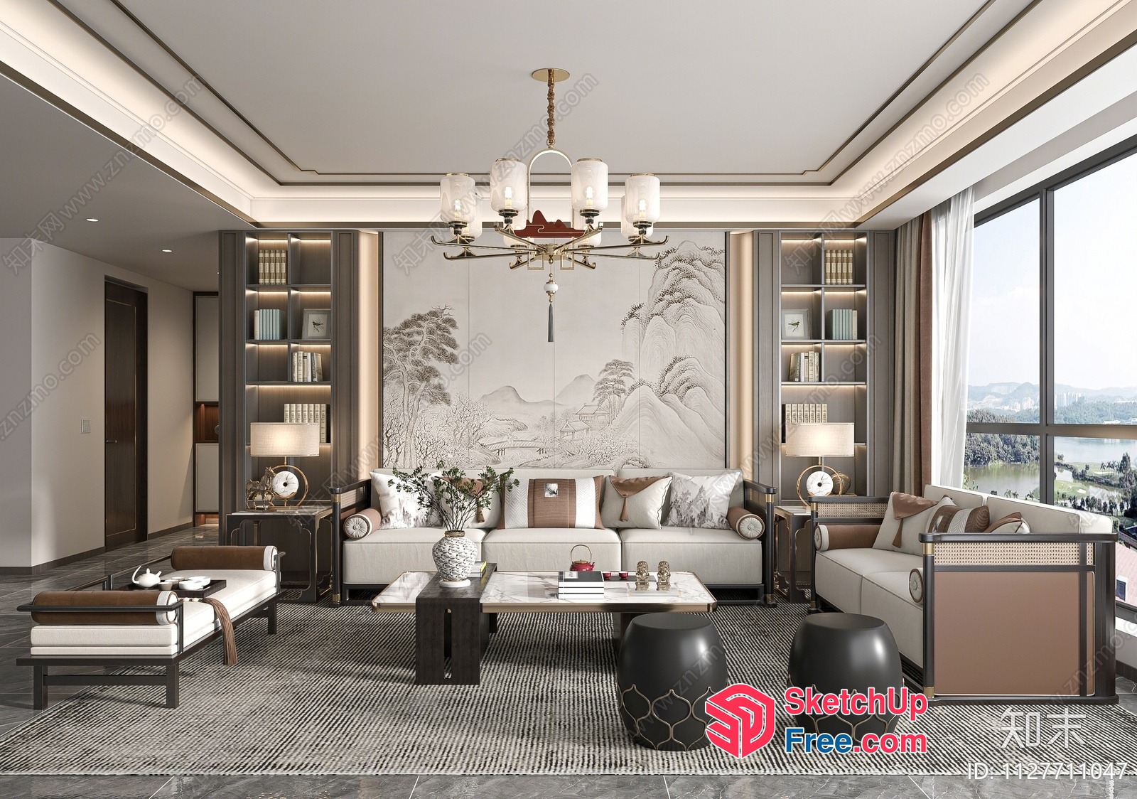 Modern Chinese-Inspired Living Room With Elegant Lighting 3D SketchUp File