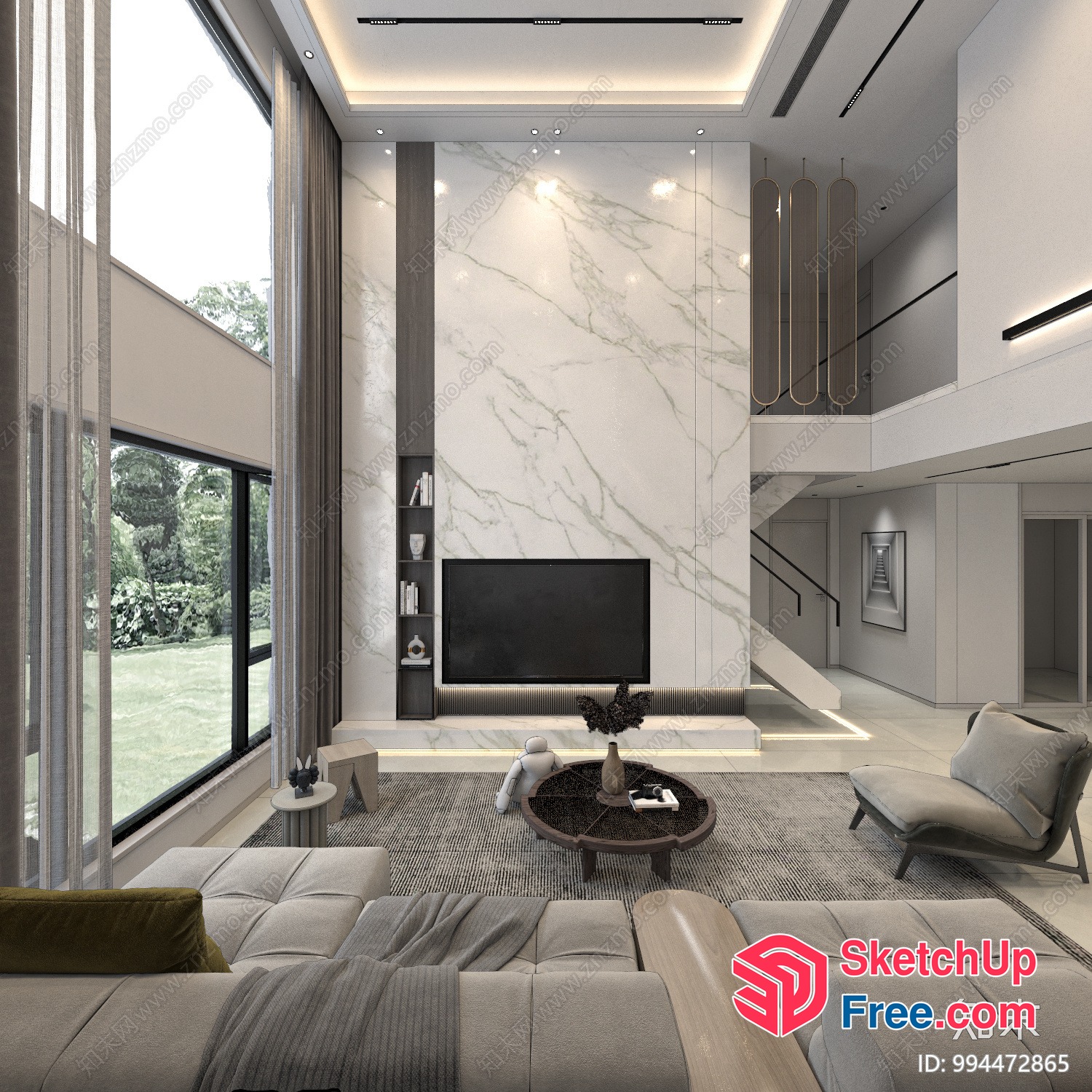 Modern Living Room With Large Windows And High Ceiling 3D SketchUp File