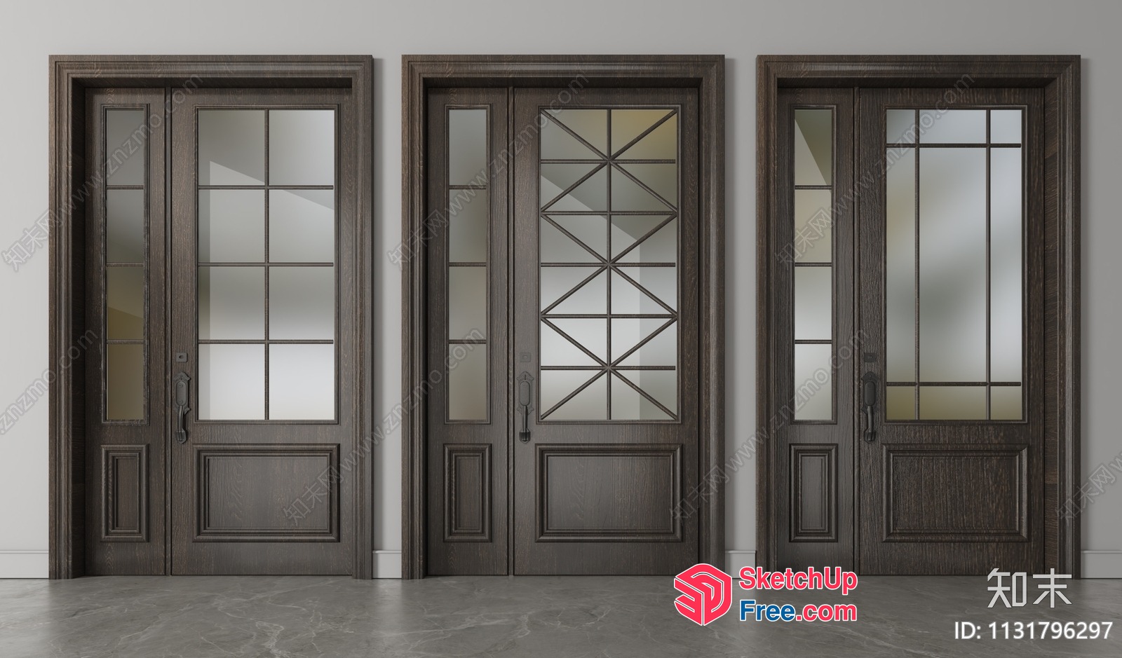 Three Dark Wood Doors With Glass Panels 3D SketchUp File
