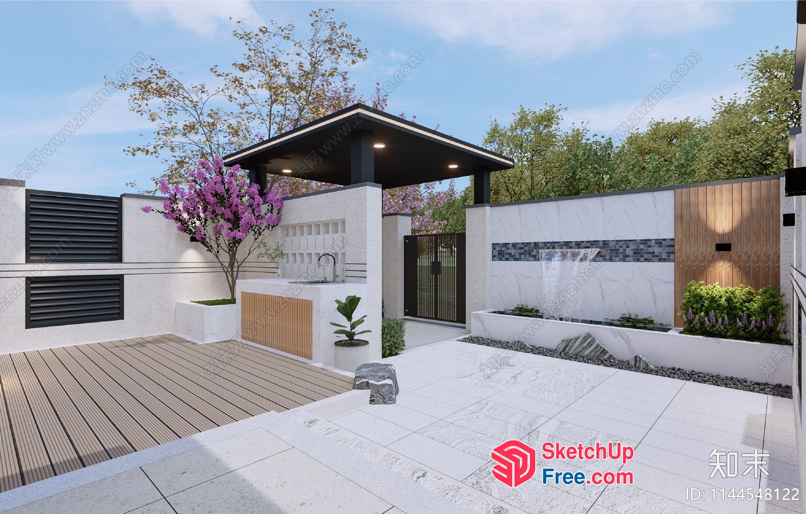 Modern Outdoor Space With Waterfall Feature And Wooden Deck 3D SketchUp File