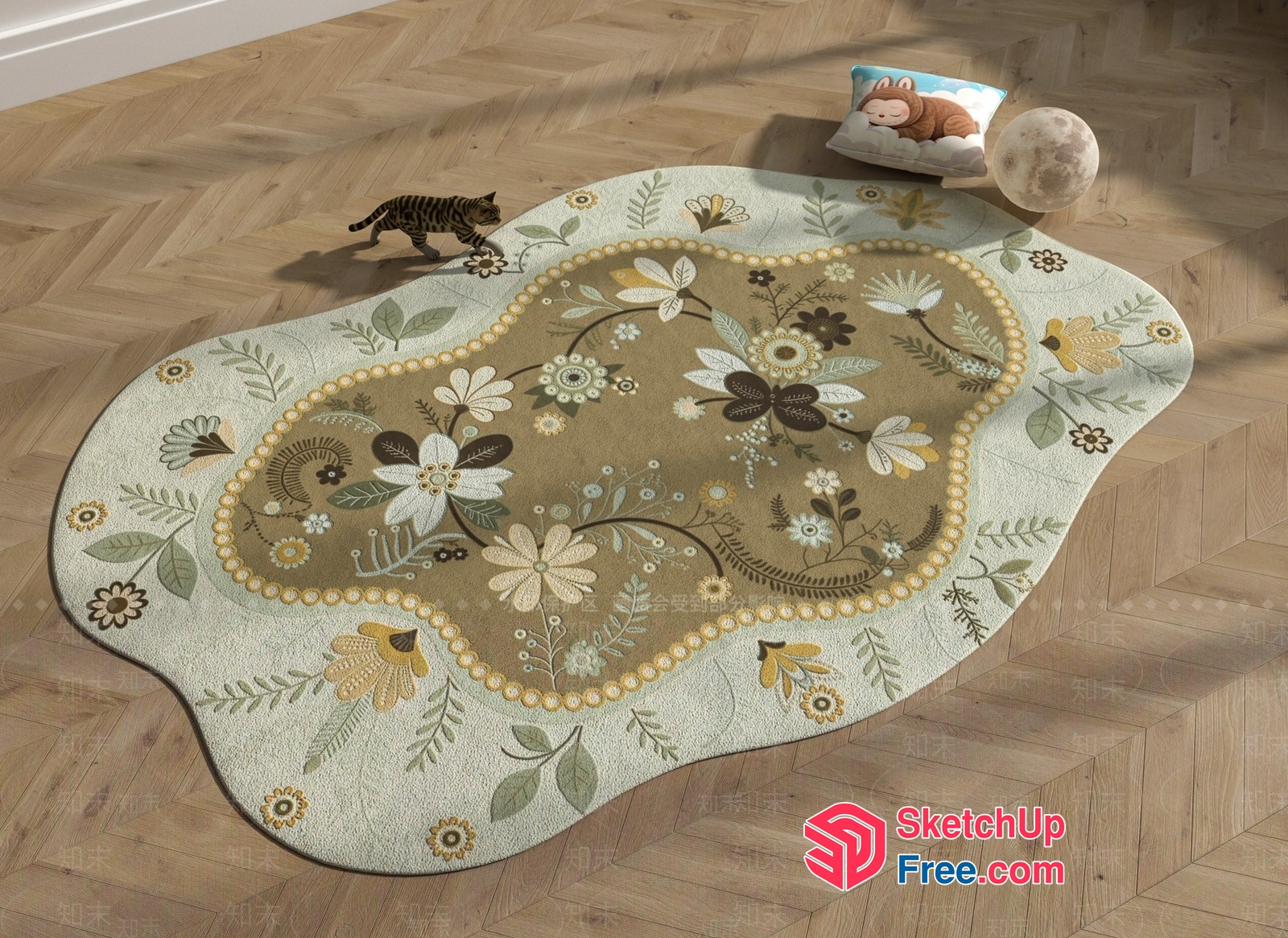 Elegant Floral Patterned Rug In Soft Pastel Colors 3D SketchUp File