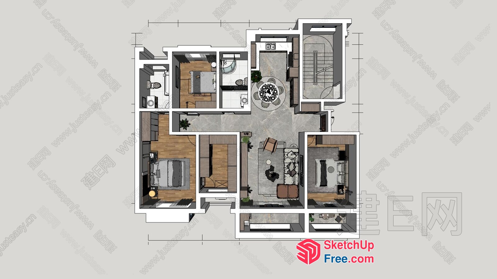 Modern Apartment Plan With Various Rooms And Furniture 3D SketchUp File