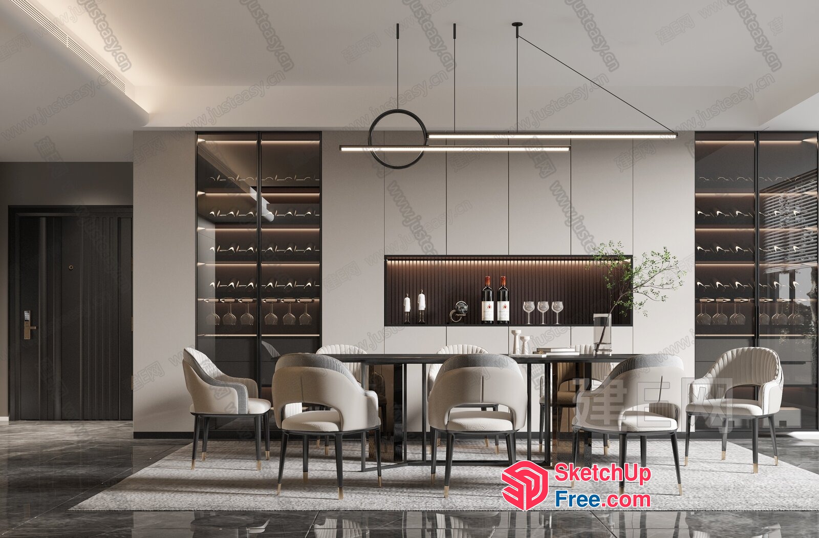 Elegant Dining Room With Wine Cabinet And Modern Lighting 3D SketchUp File