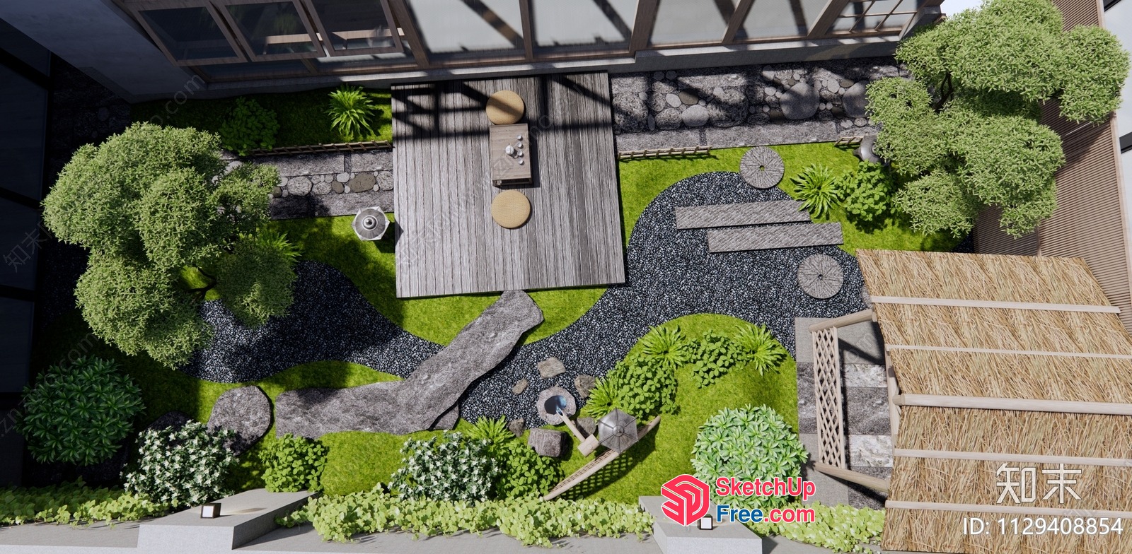Japanese-Style Garden With Stone Pathway And Wooden Deck 3D SketchUp File