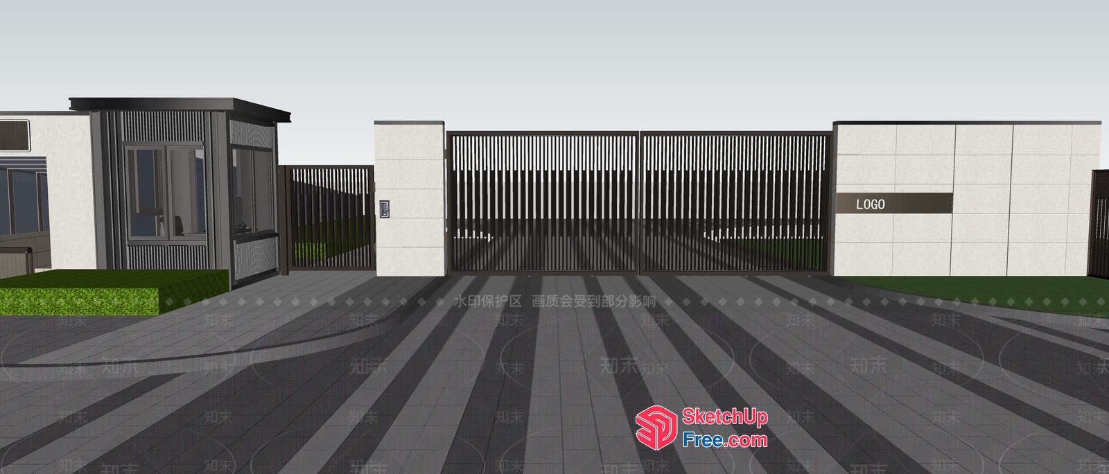 Modern Entrance With Gate And Pillars 3D SketchUp File