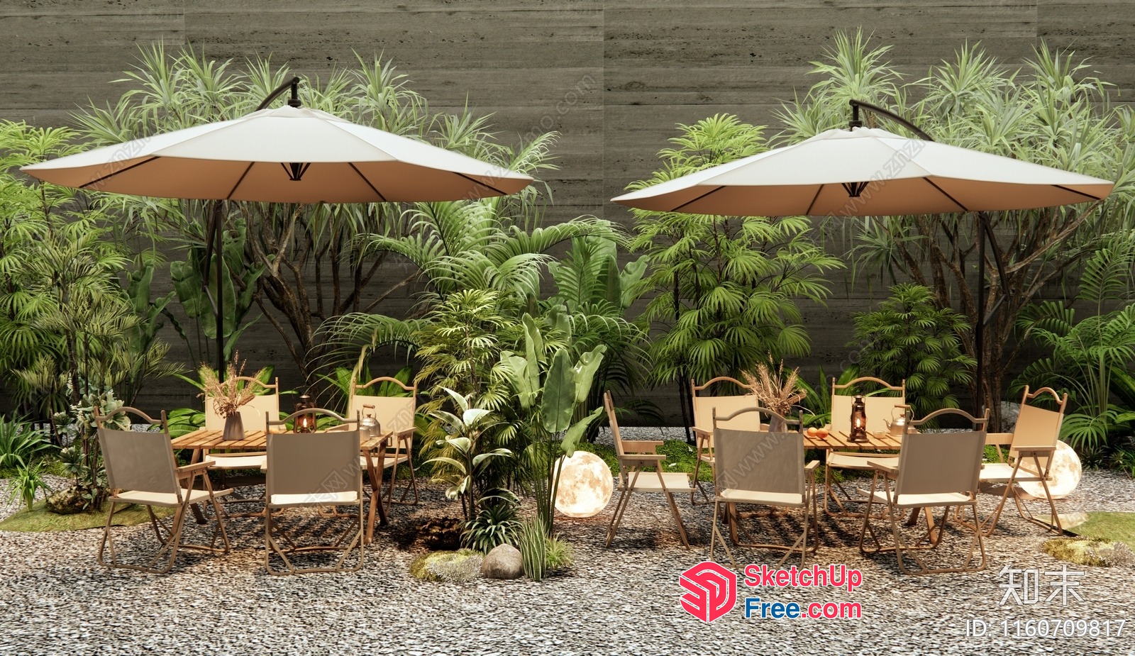Outdoor Dining Area With Two Umbrellas And Tables 3D SketchUp File