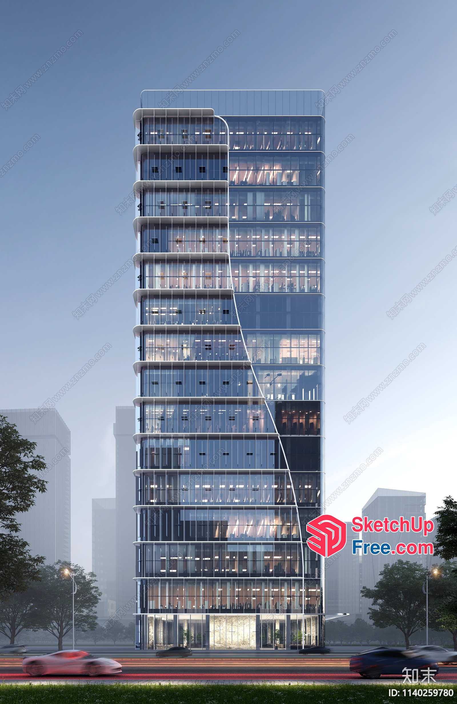 Modern Glass Office Building With Staircase 3D SketchUp File