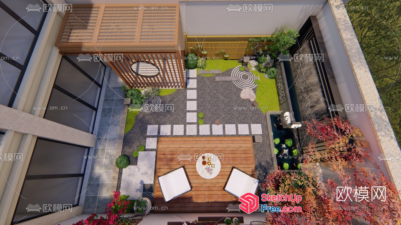 Zen Japanese Patio With Wood Deck And Water Feature 3D SketchUp File