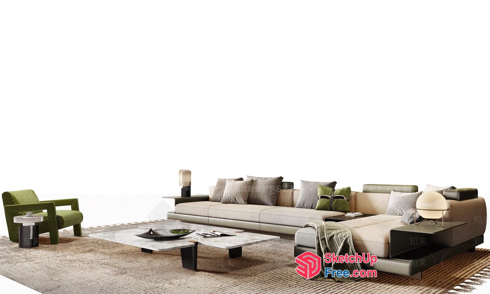 Modern L-Shaped Sofa With Creamy Style And Green Accent 3D SketchUp File