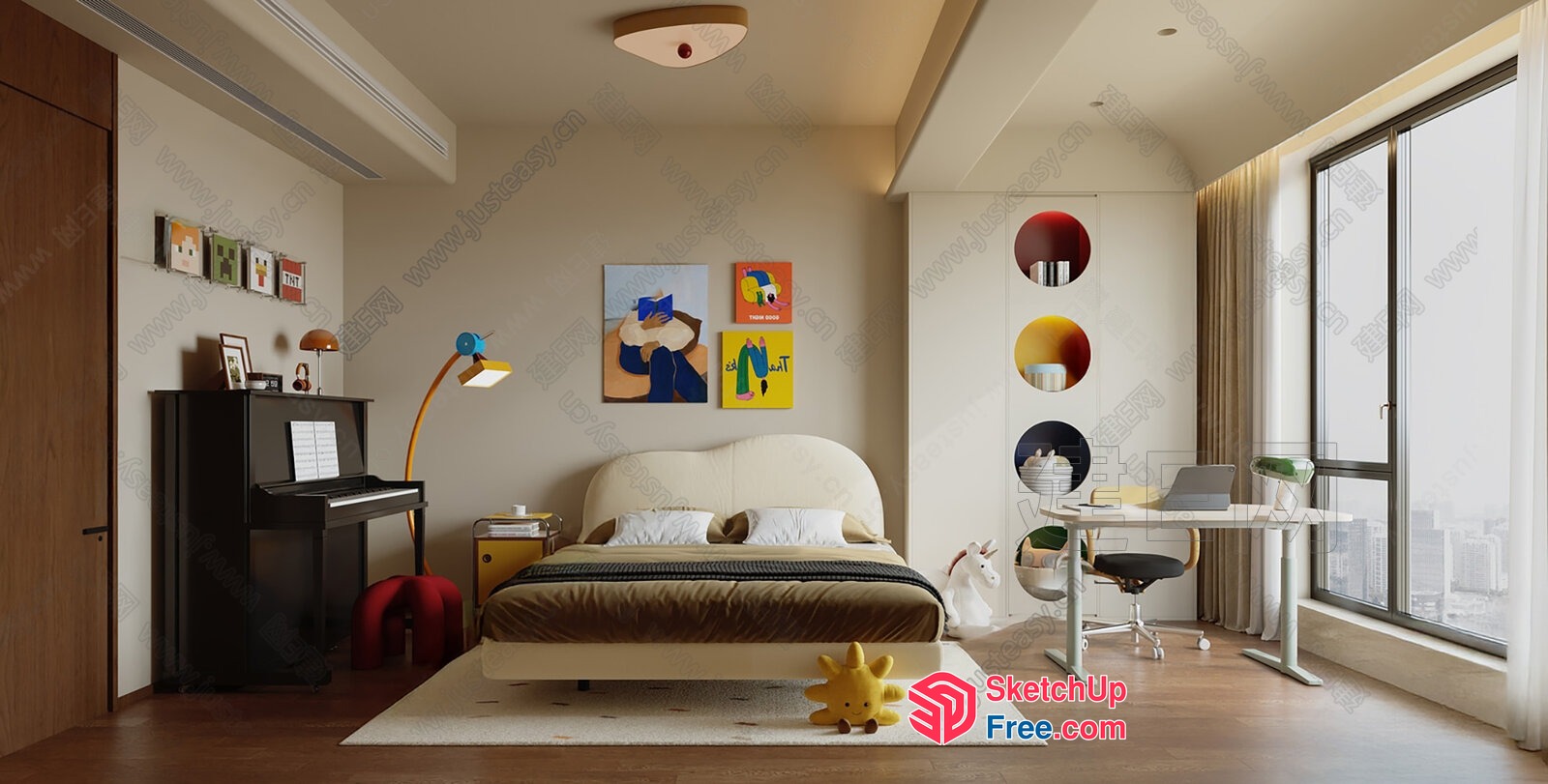 Modern Minimalist Bedroom With Vibrant Art Pieces 3D SketchUp File