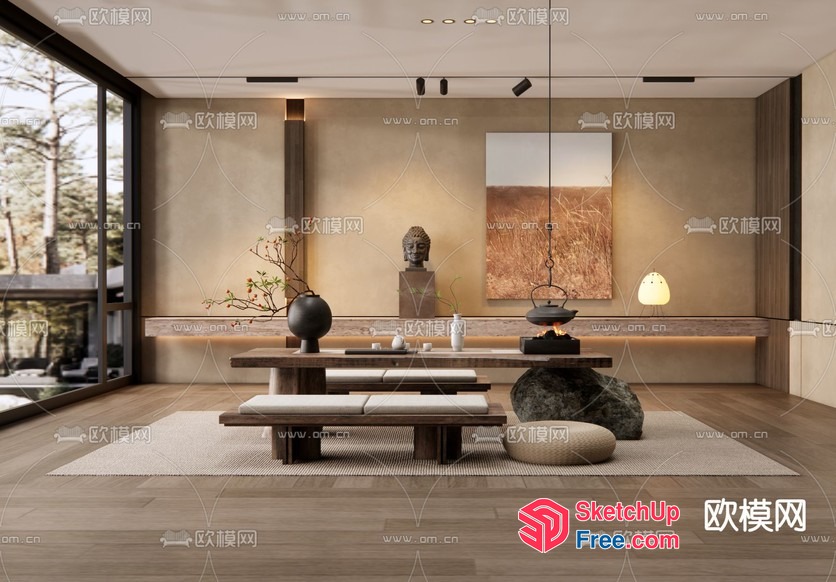 Modern Japanese-Inspired Living Room With Natural Elements 3D SketchUp File