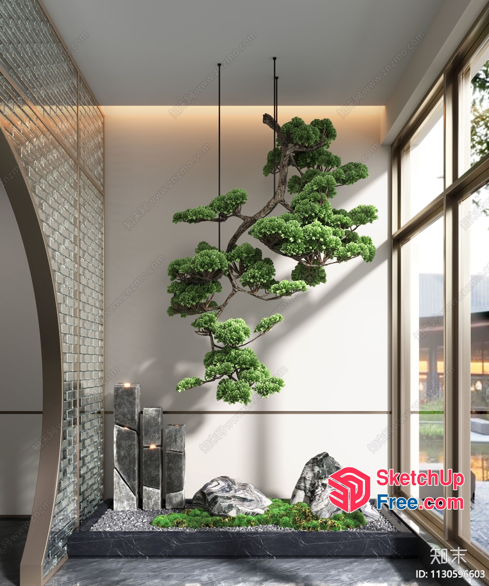 Modern Japanese Style Interior With Hanging Tree And Decorative Elements 3D SketchUp File