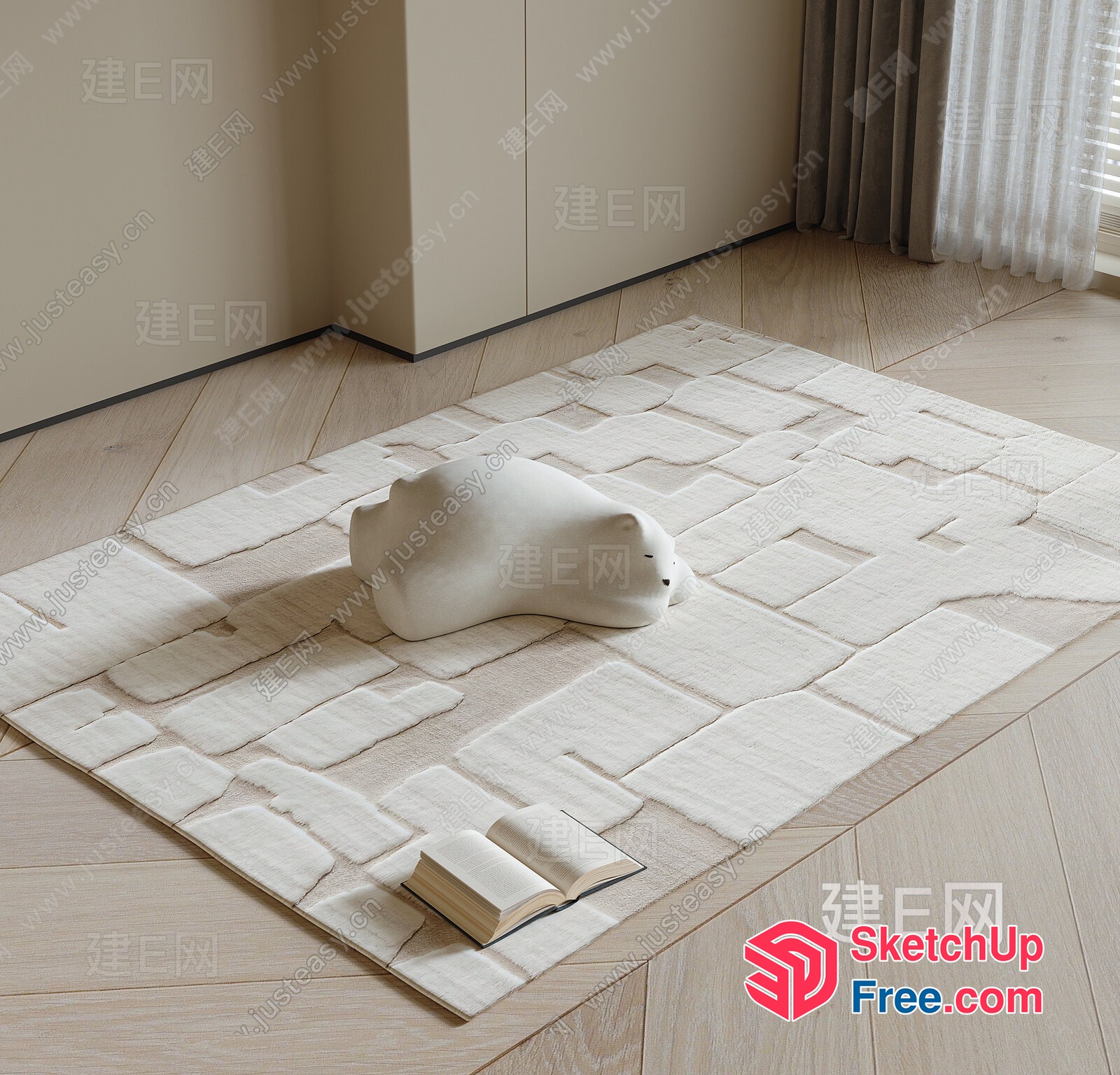 Cozy Minimalist Living Room With Plush Rug And White Bear Statue 3D SketchUp File