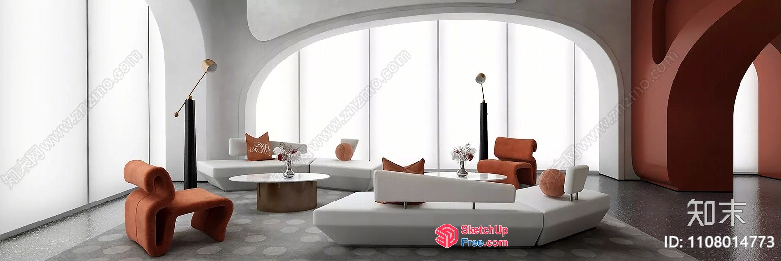 Modern Living Room With White And Orange Furniture 3D SketchUp File