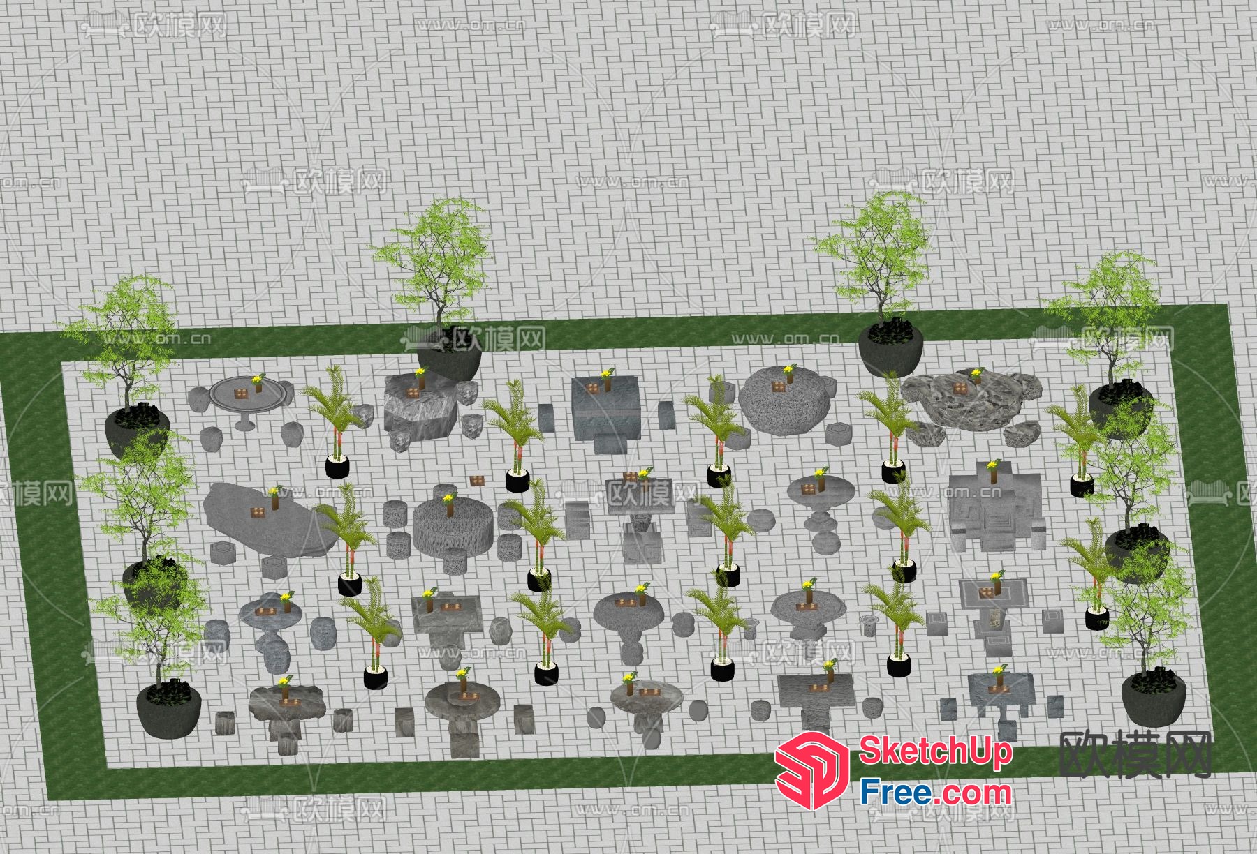 Aesthetic Outdoor Space With Potted Plants And Trees 3D SketchUp File