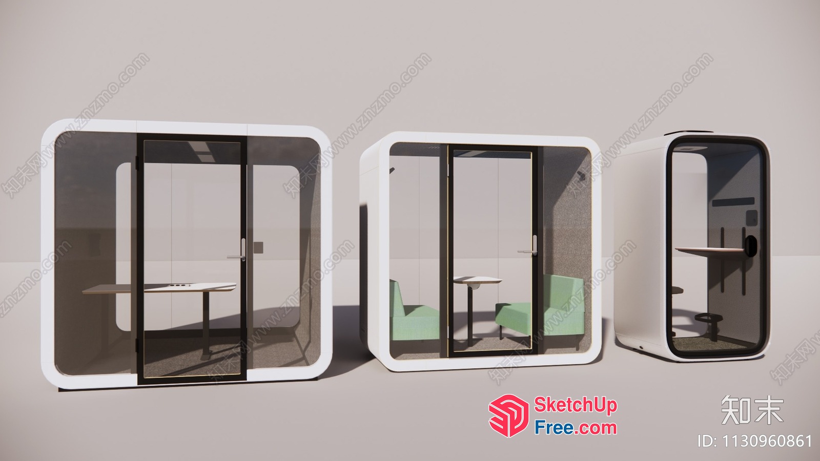 Modern Minimalist Office Pods With Glass Doors And Tables 3D SketchUp File
