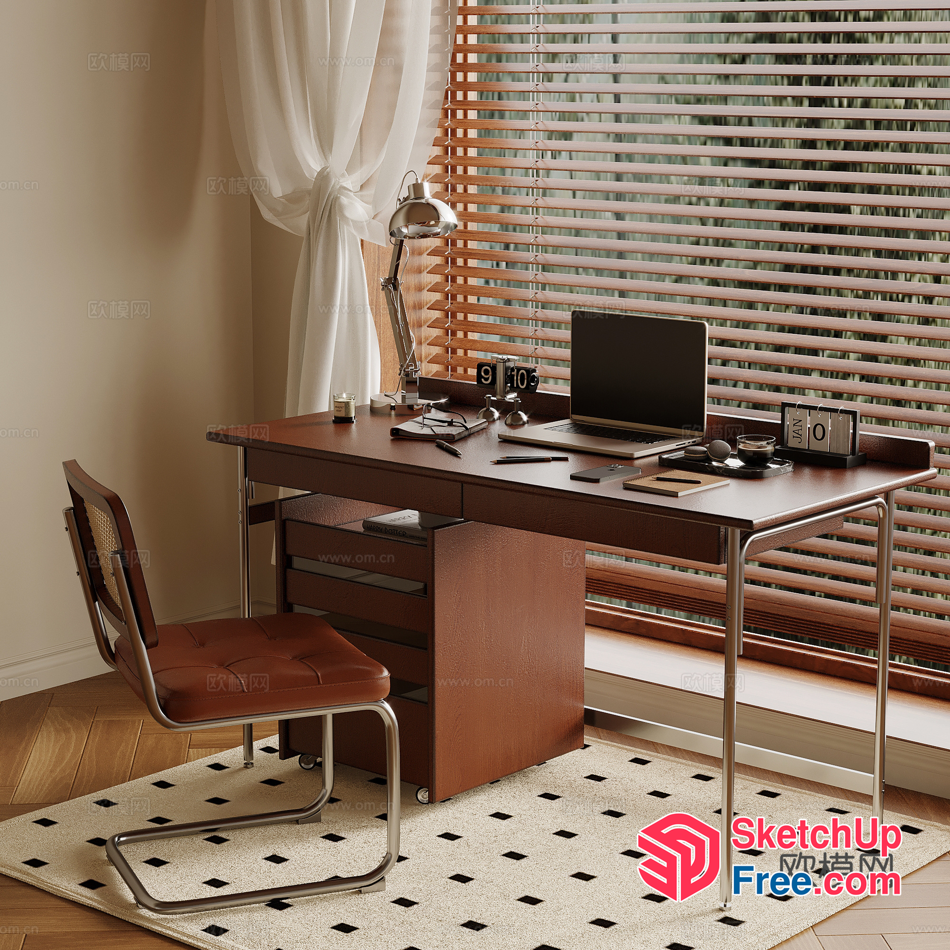 Modern Office Space With Wooden Desk And Leather Chair 3D SketchUp File