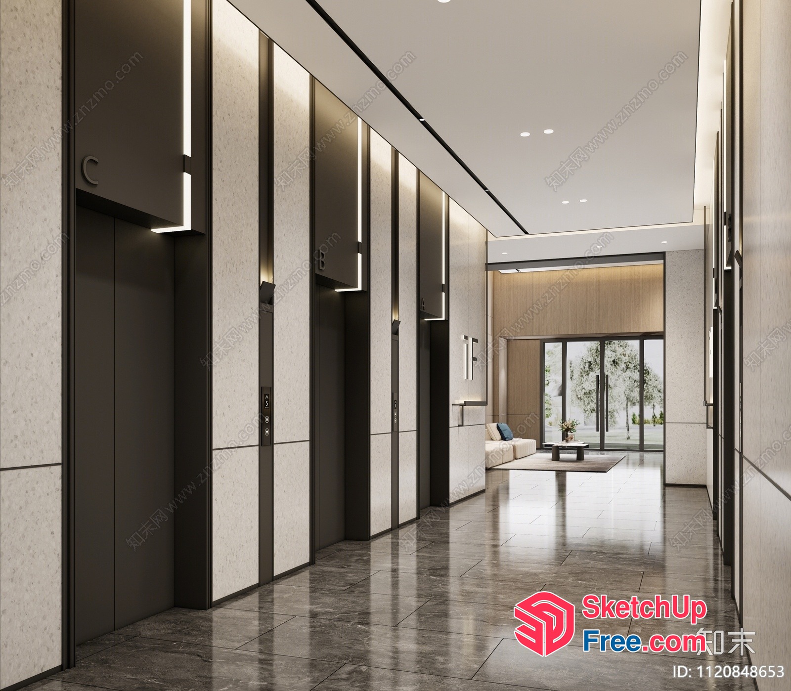 Modern Commercial Building Lobby With Elevators And Stairs 3D SketchUp File