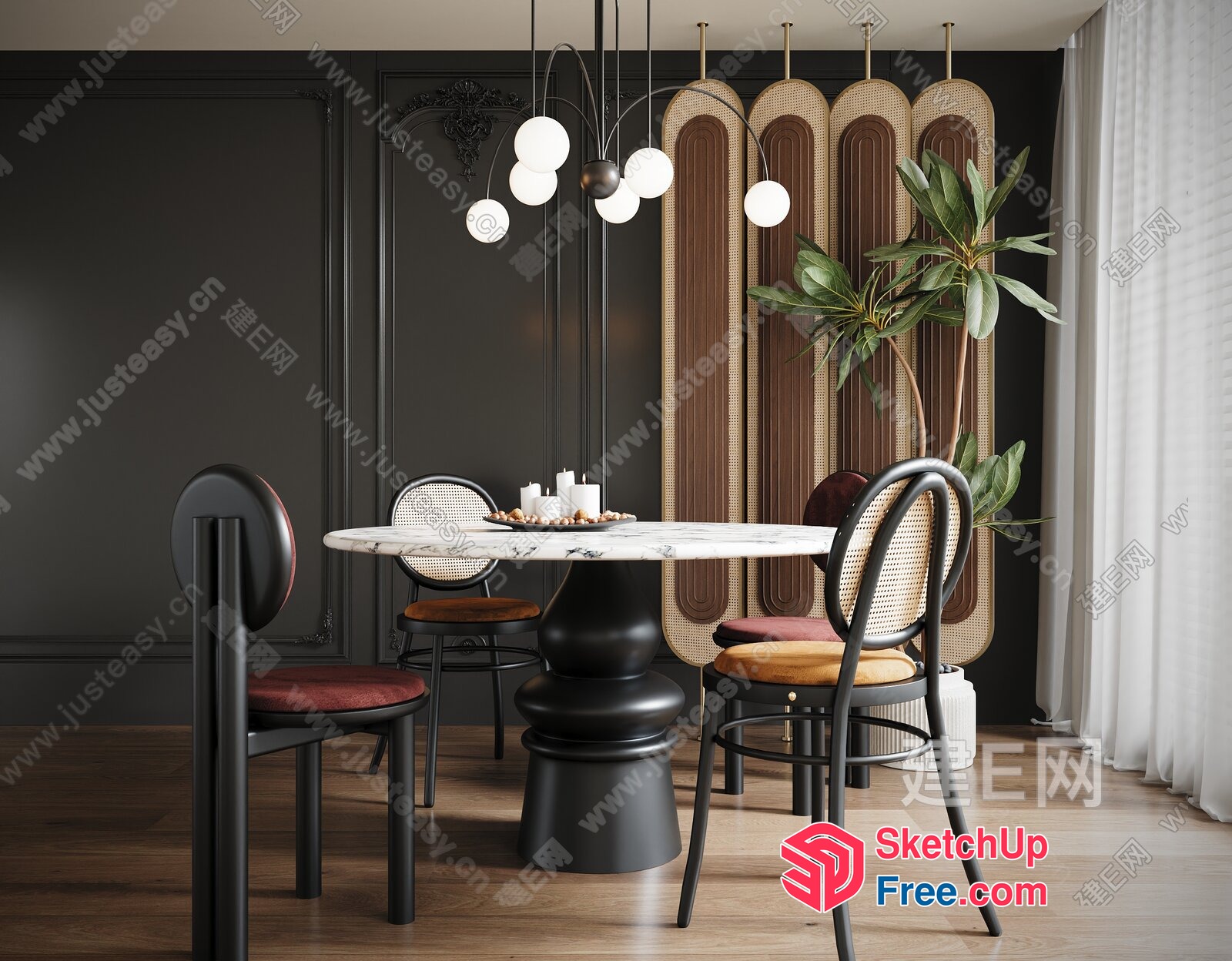Modern Dining Room With Marble Table And Elegant Chairs 3D SketchUp File