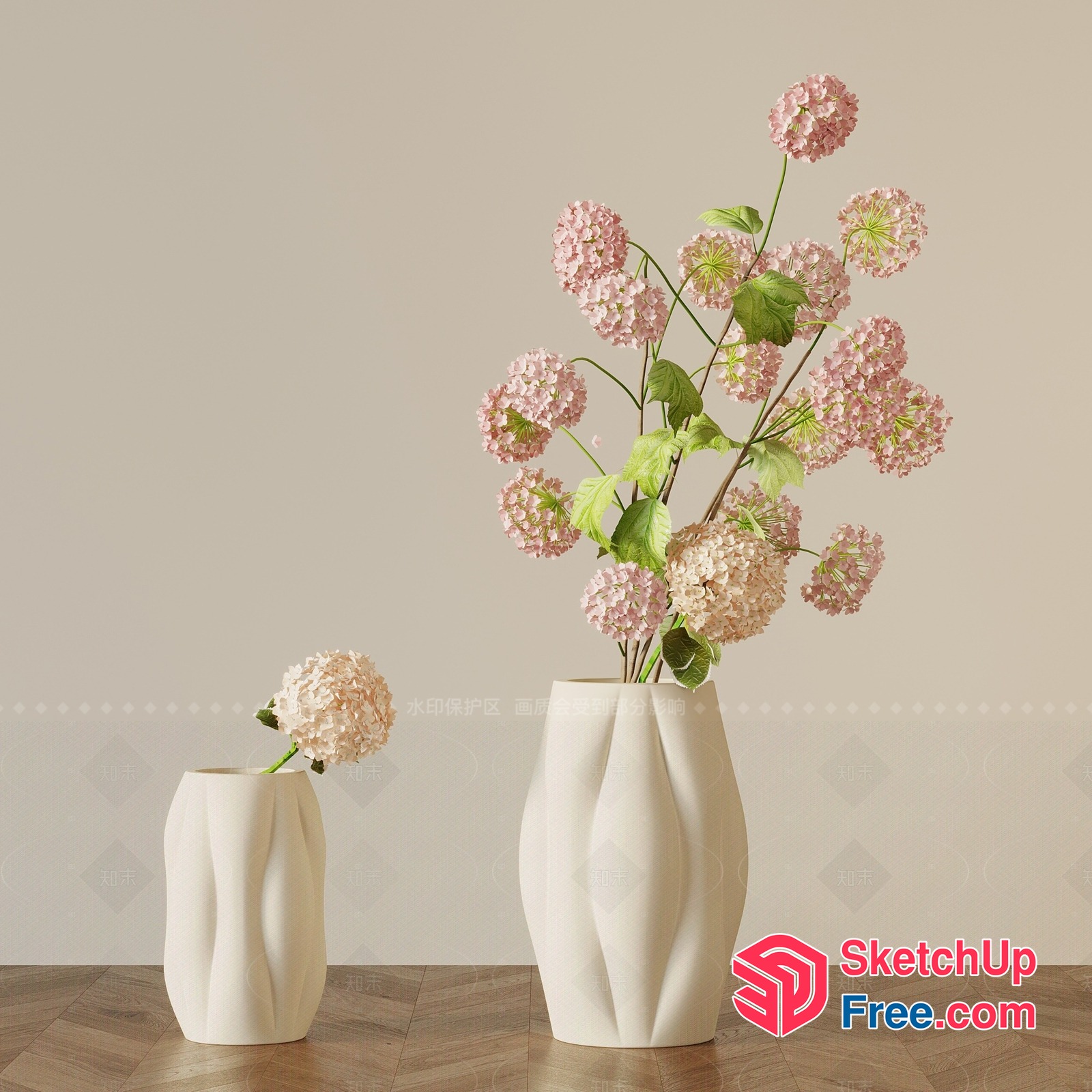 Elegant White Vases With Pink And White Flowers 3D SketchUp File